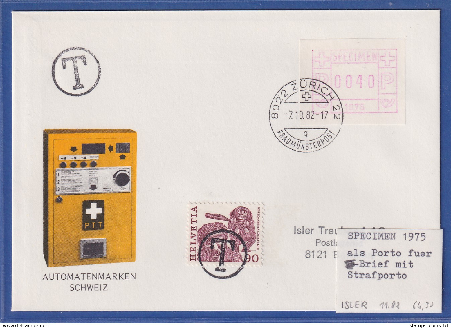 Schweiz ATM  SPECIMEN Der 1. Ausgabe 1975, 1982 Auf Brief Verwendet, Nachtaxiert - Automatenzegels