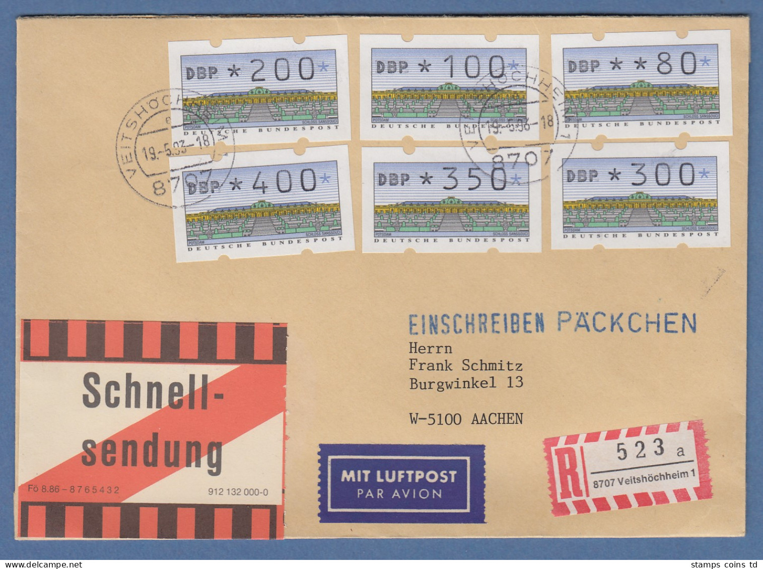 ATM 2.1.2 Kpl. Satz VS1 6 Werte 80-400 Auf Schnellsendung-FDC O Veitshöchheim - Timbres De Distributeurs [ATM]