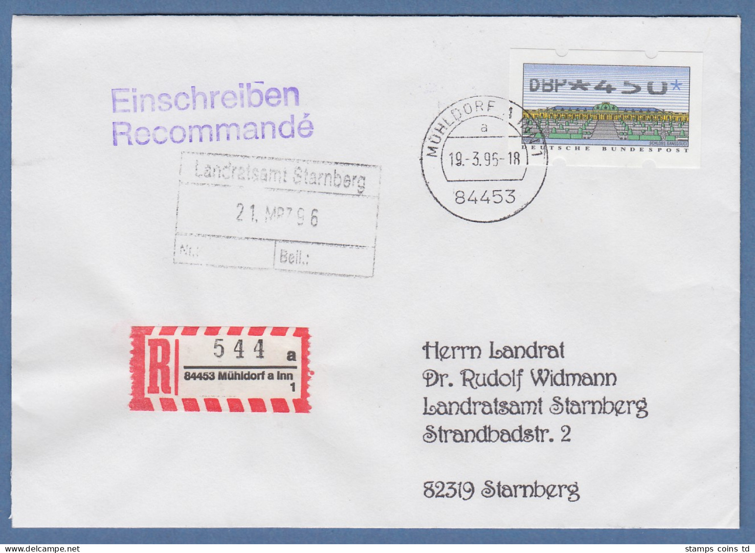 ATM 2.2.1  Wert 450 Teildruck Auf R-Brief Gelaufen Von Mühldorf Am Inn, 19.3.95 - Timbres De Distributeurs [ATM]