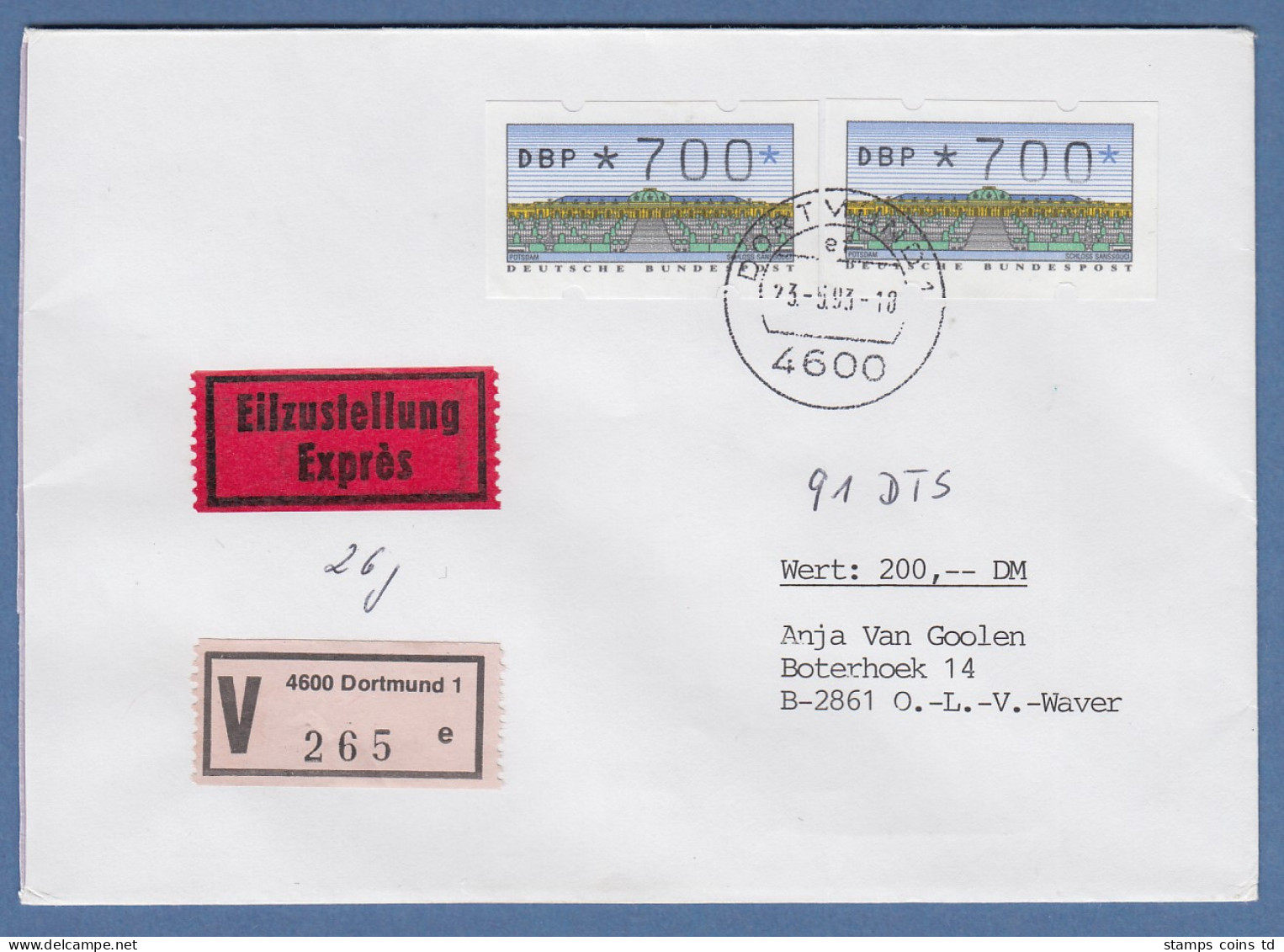ATM 2.1.1 Wert 700 2x Als MEF Auf V-Express-Brief Mit Tages-O DORTMUND, 23.5.93 - Automaatzegels [ATM]