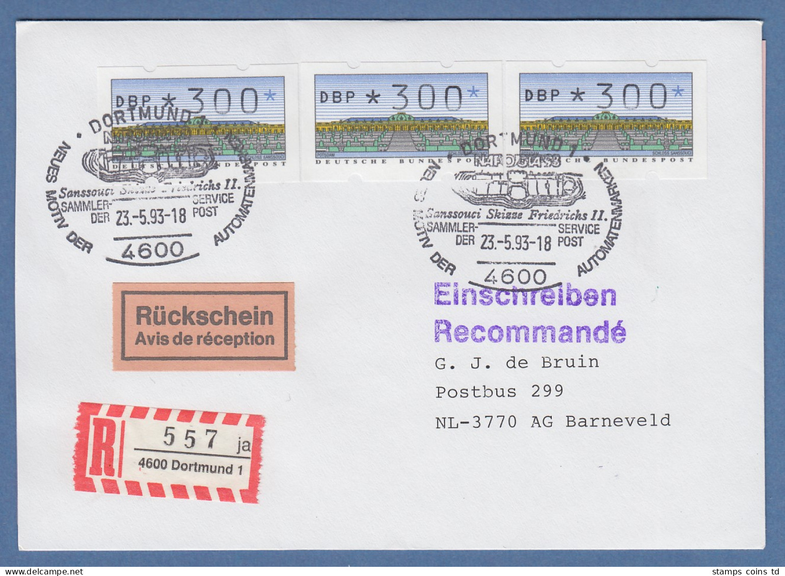 ATM 2.1.1 Wert 300 3x Als MEF Auf R-Rsch.-Brief Mit Sonder-O DORTMUND, 23.5.93 - Automaatzegels [ATM]