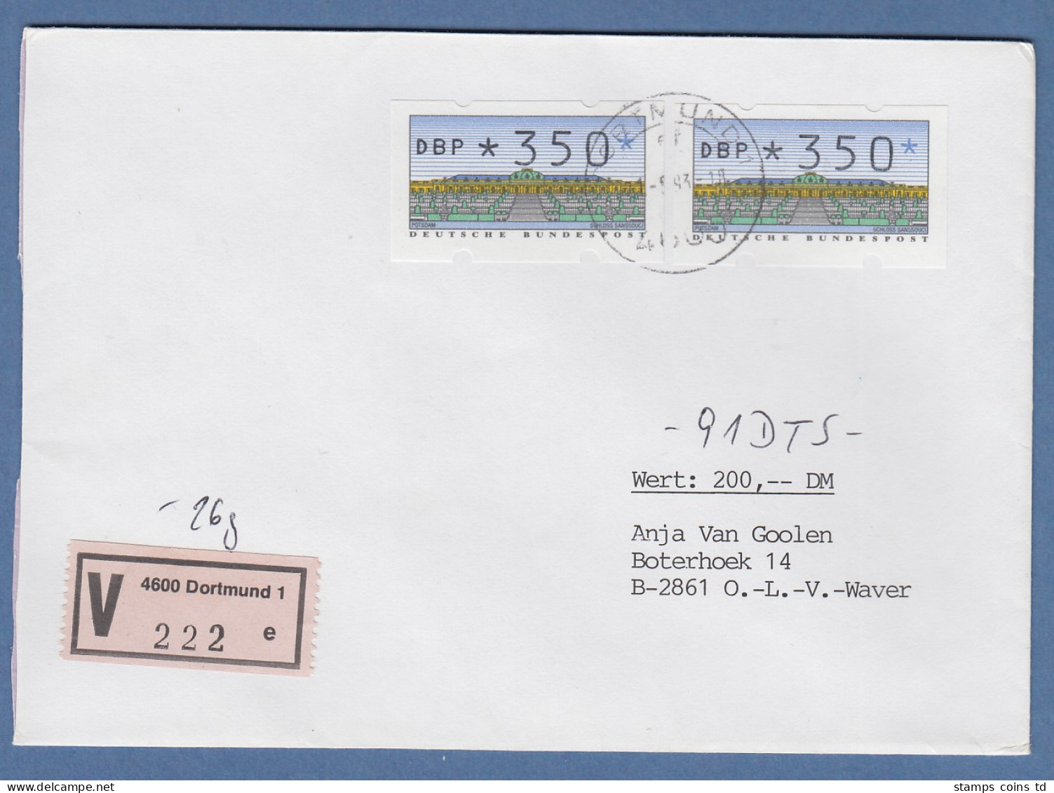 ATM 2.1.1  Wert 350 2x Als MEF Auf Wertbrief Mit Tages-O Dortmund 21.9.93 - Timbres De Distributeurs [ATM]