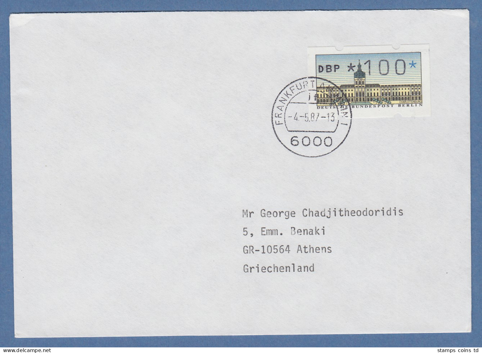 ATM Berlin Wert 100 Pfg Auf Brief Nach Griechenland, FDC 4.5.1987 O Frankfurt - Altri & Non Classificati