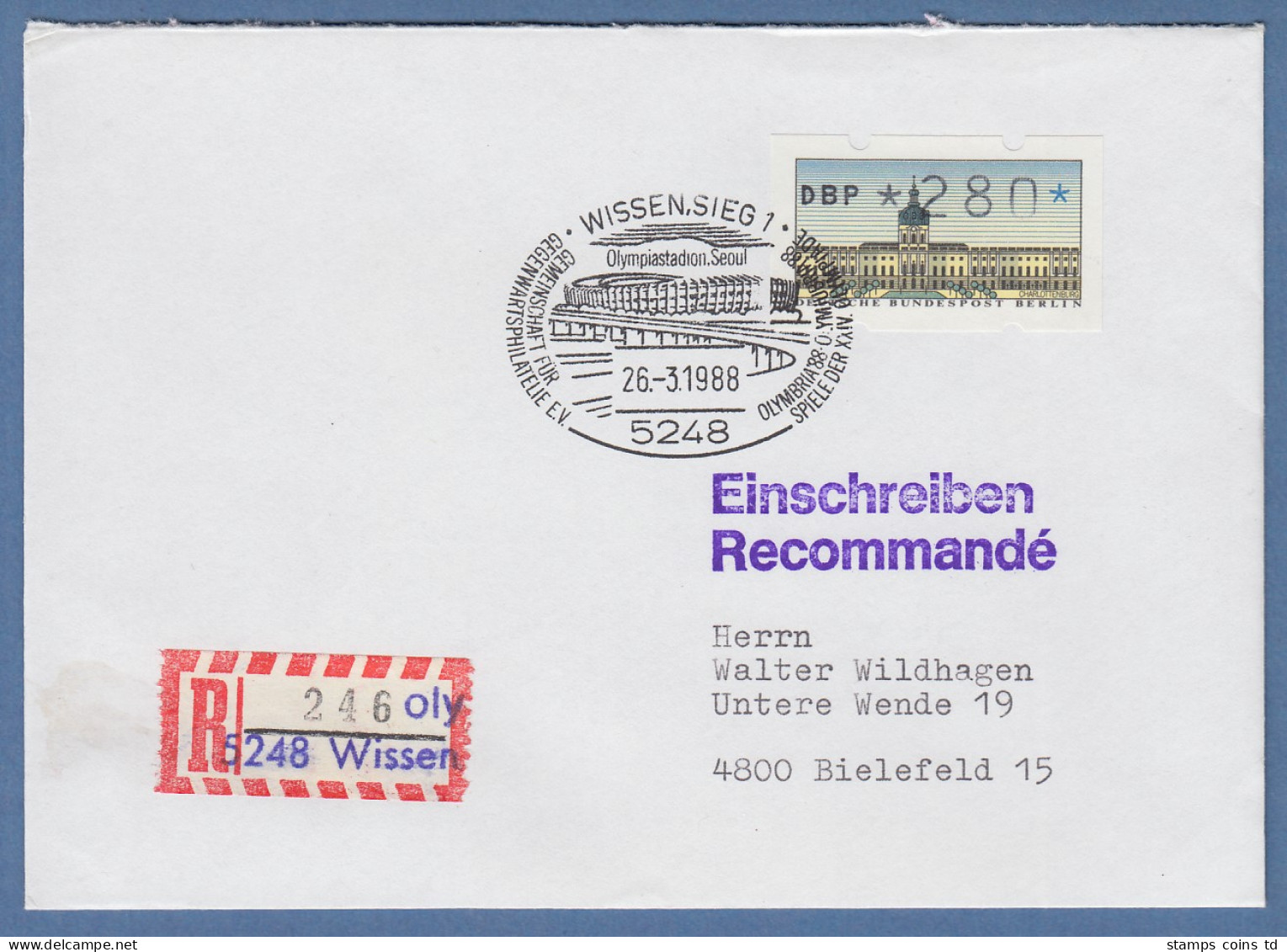ATM Berlin Wert 280 Auf R-Brief Mit Sonder-O WISSEN SIEG 26.3.88 OLYMBRIA `88 - Otros & Sin Clasificación