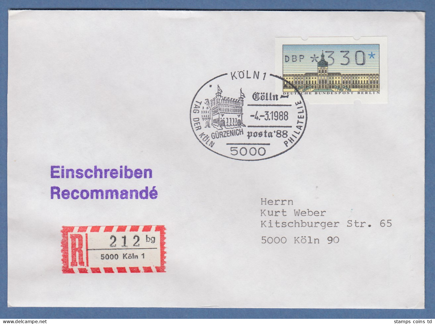 ATM Berlin Wert 330 Auf R-Brief Mit Sonder-O KÖLN 4.3.88 Cöllnposta `88 - Other & Unclassified