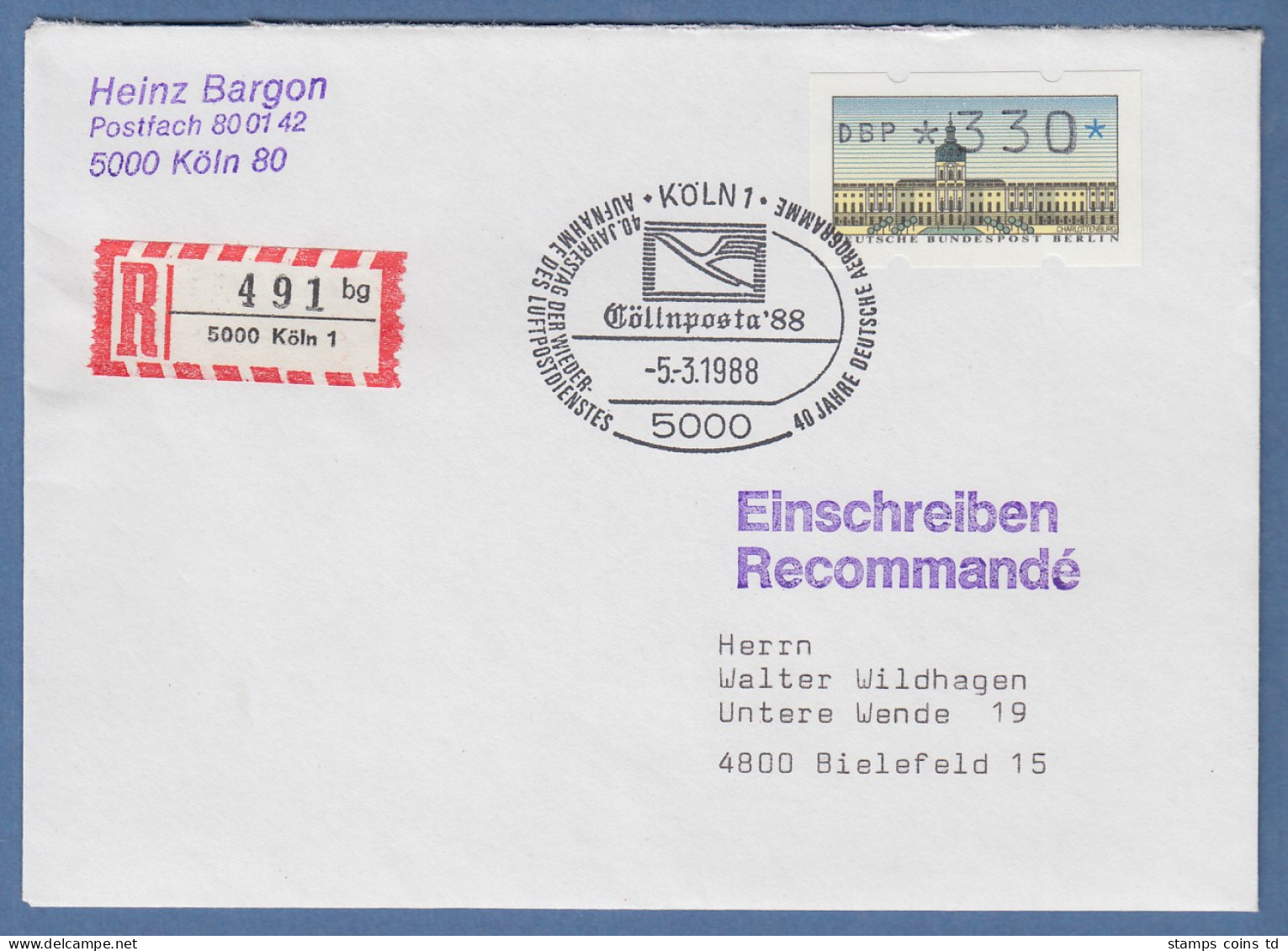 ATM Berlin Wert 330 Auf R-Brief Mit Sonder-O KÖLN 5.3.88 Cöllnposta `88 - Other & Unclassified