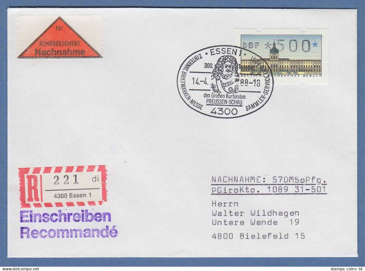 ATM Berlin Wert 500 Auf R-NN-Brief Mit Sonder-O ESSEN 14.4.88 PREUSSEN-SCHAU - Otros & Sin Clasificación