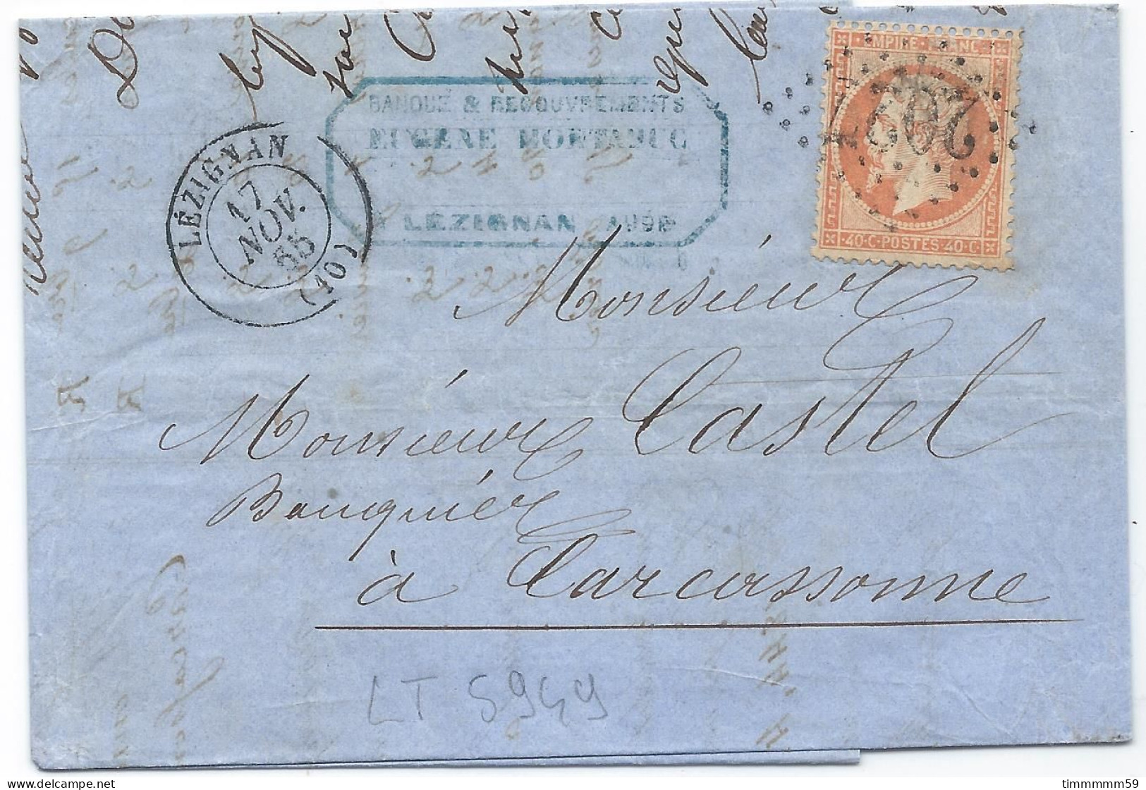 LT5949   N°23/Lettre, Oblitéré GC 2027 LEZIGNAN(10), Indice 3 Pour CARCASSONNE Du 17 Nov. 1865 - 1862 Napoléon III