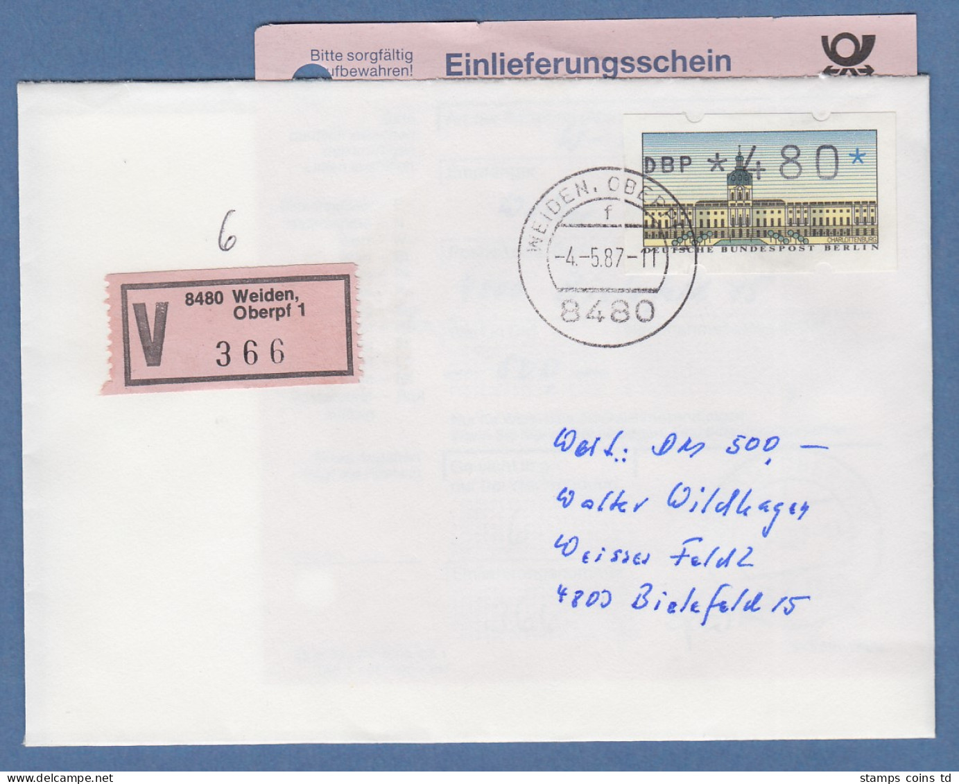 ATM Berlin Wert 480 Auf Wertbrief Mit ET-Tages-O Weiden 4.5.87 - Altri & Non Classificati