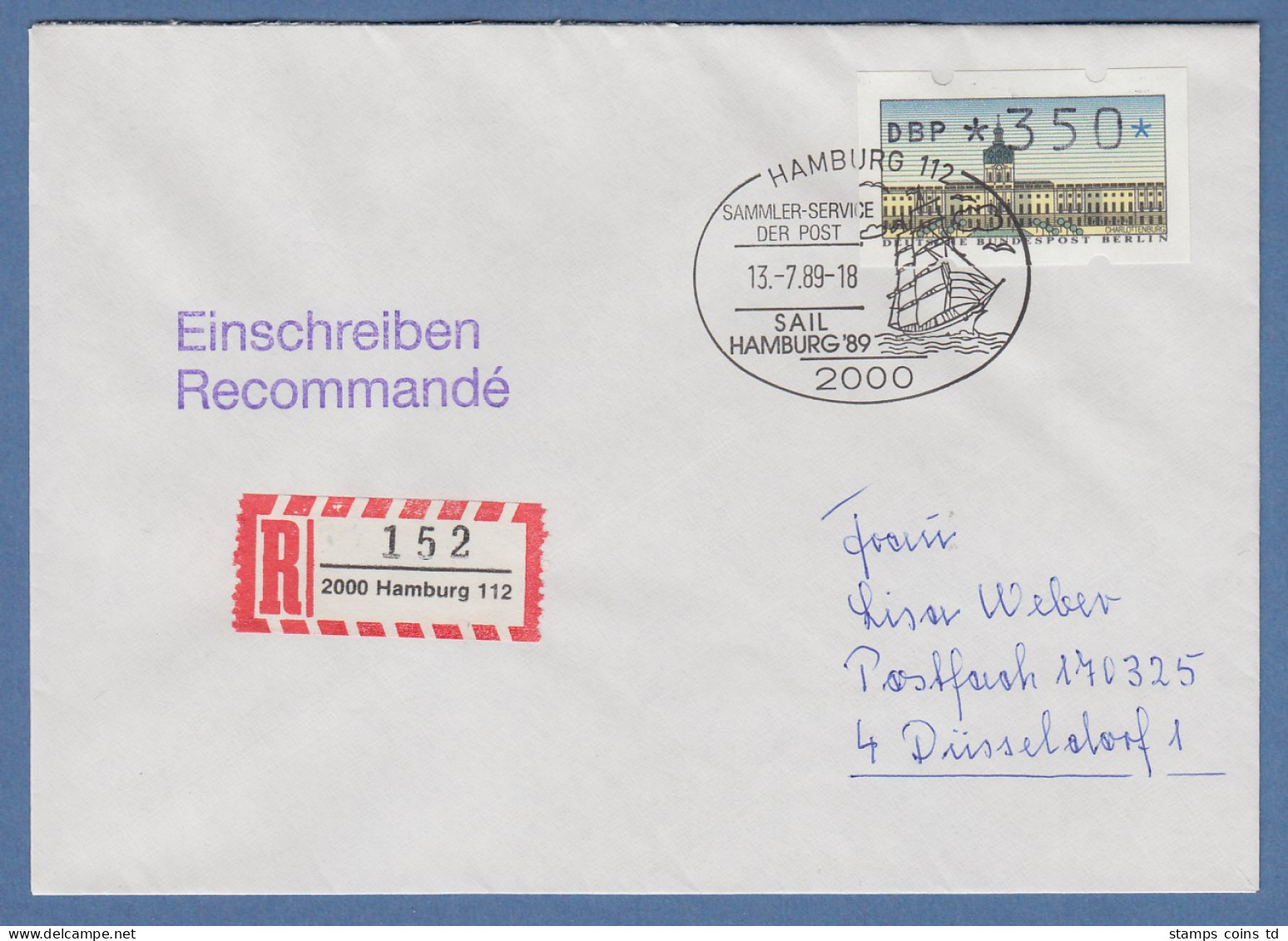 ATM Berlin Wert 350 Auf R-Brief Mit So.-O SAIL HAMBURG `89 13.7.89 - Autres & Non Classés