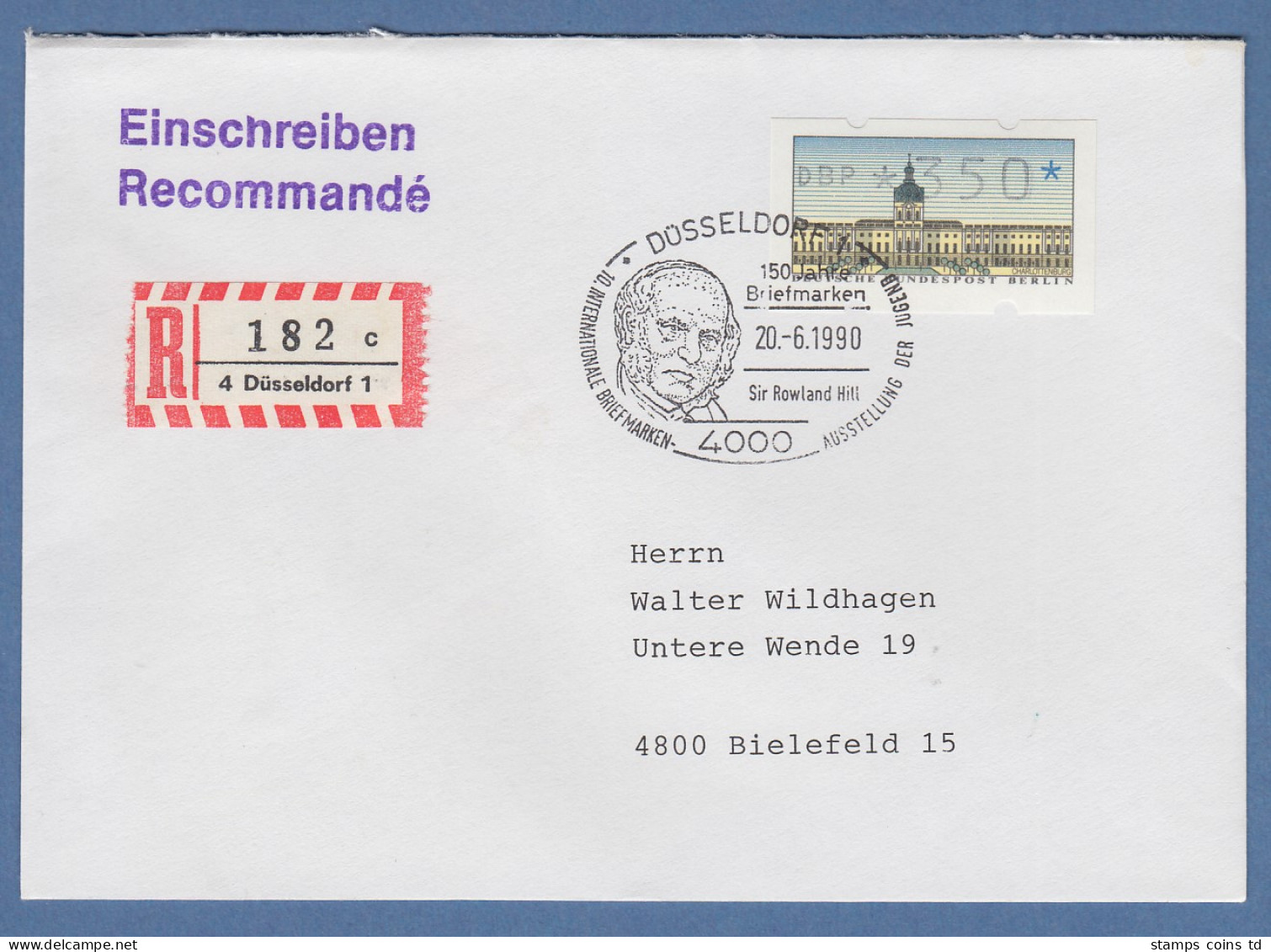 ATM Berlin Wert 350 Auf R-Brief Mit So.-O Düsseldorf 150 Jahre Briefmarken 1990 - Altri & Non Classificati