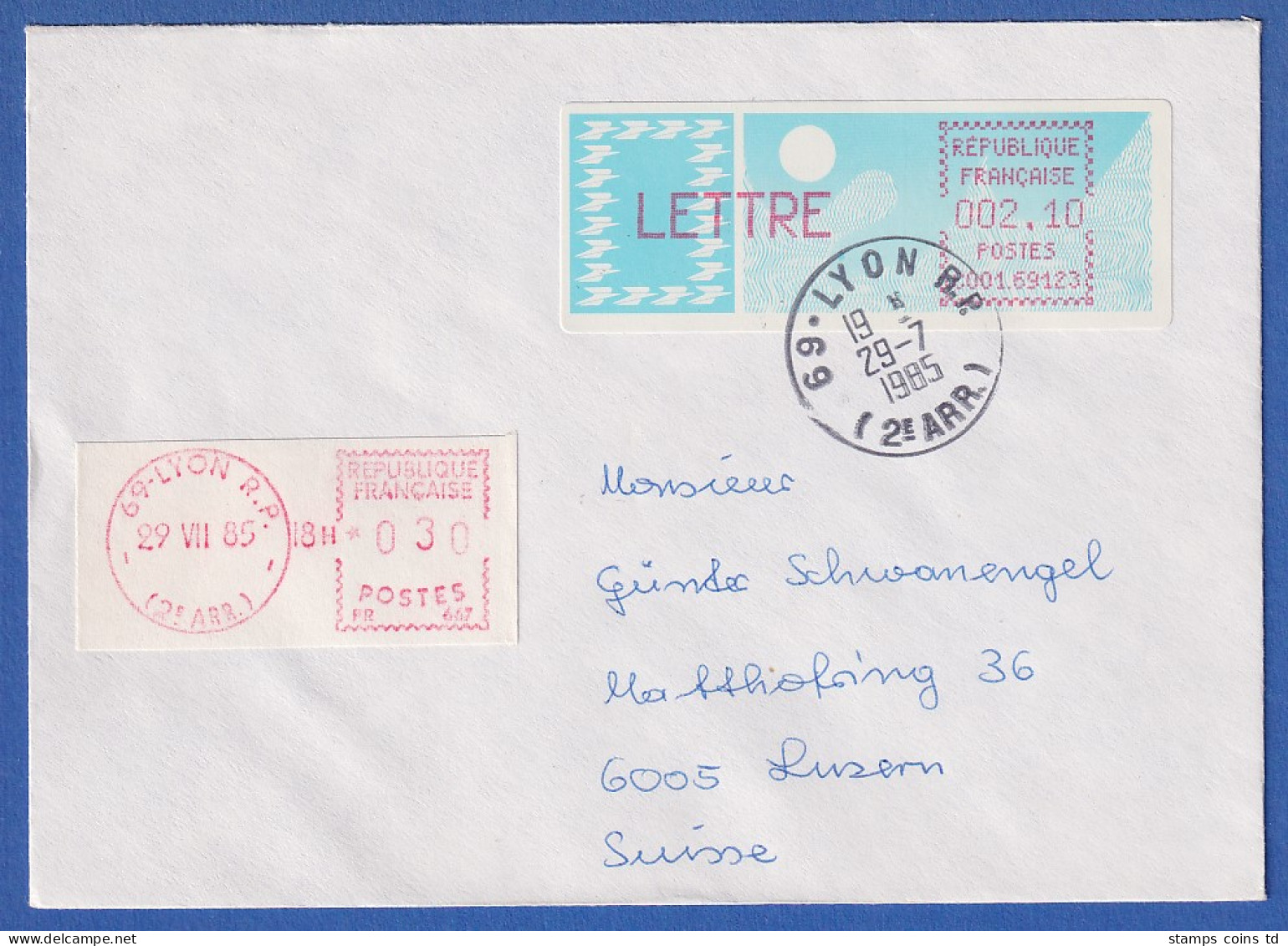 Frankreich-ATM Taube C001.69123 LETTRE 2,10 Auf FDC Mit O LYON 29.7.85 - Andere & Zonder Classificatie