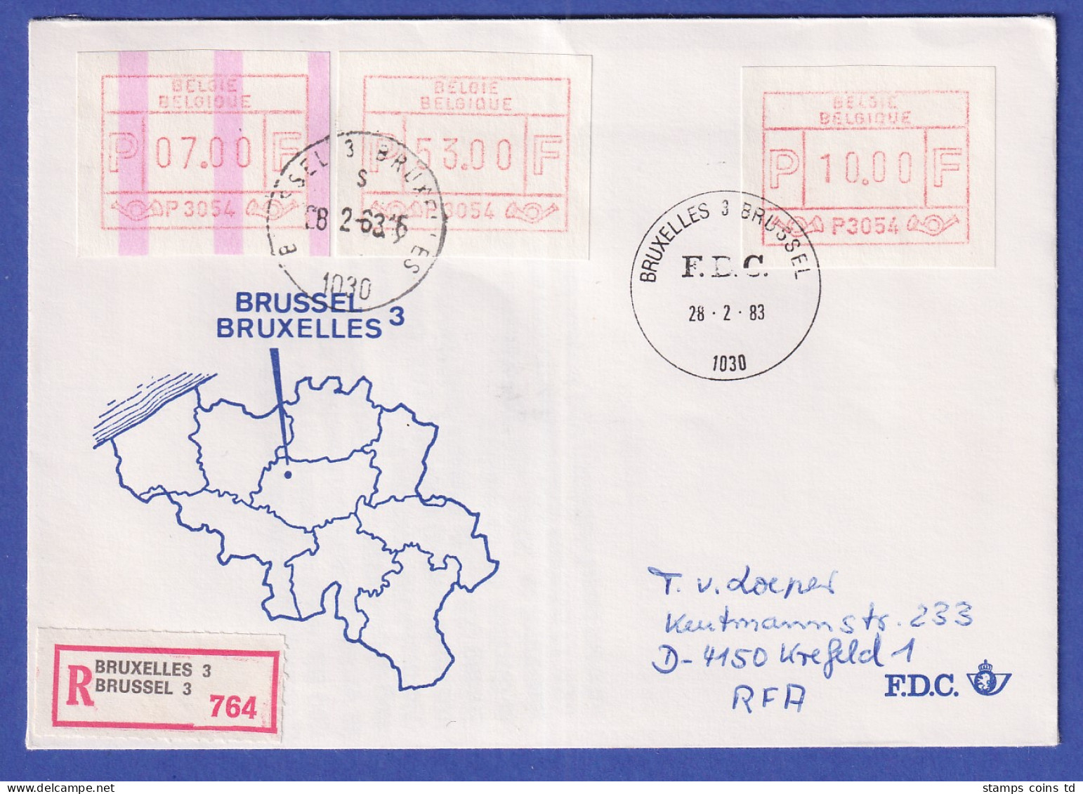 Belgien FRAMA-ATM P3054 Mit ENDSTREIFEN In MIF Auf FDC BRUSSEL Vom 28.2.83 - Andere & Zonder Classificatie