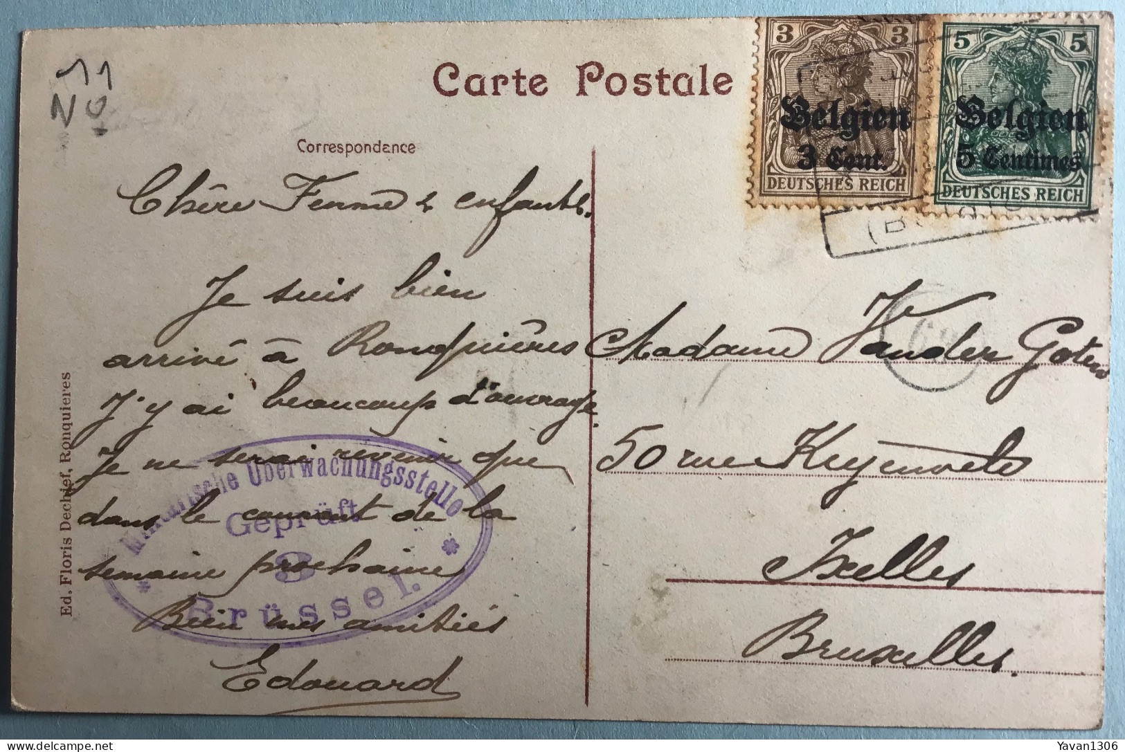 Ronquieres  1914/1918   Le Canal Au Verso Oblitération Et Cachet De Contrôle Militaire - Braine-le-Comte