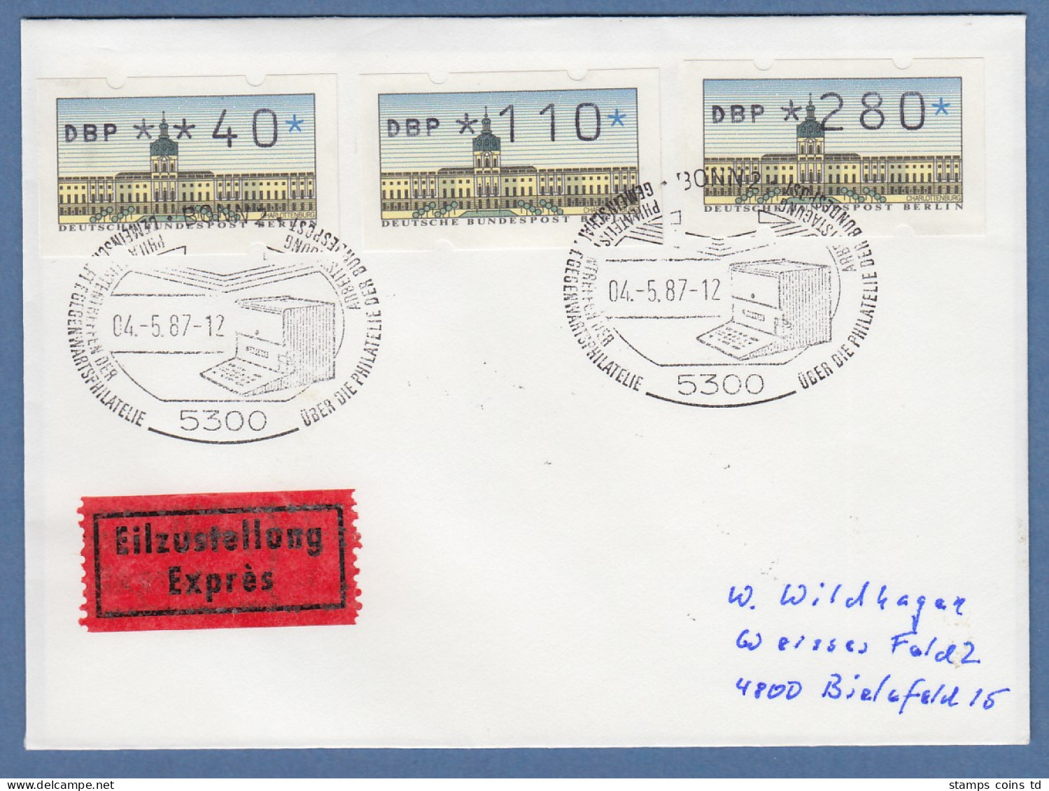 ATM Berlin Werte 40-110-280 Auf Eilbrief Mit ET-So.-O BERLIN 4.5.87 - Altri & Non Classificati