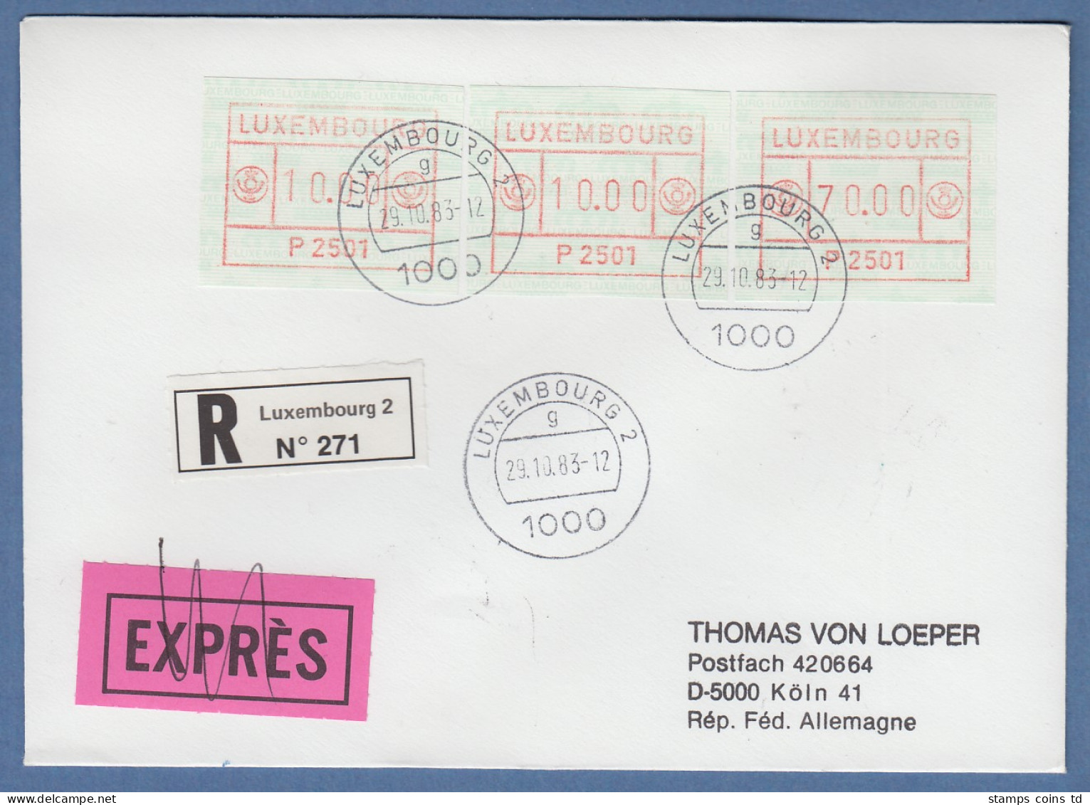 Luxemburg ATM P2501 Werte 10 - 10 - 70  Auf R-Brief Nach D, O 29.10.83 - Postage Labels