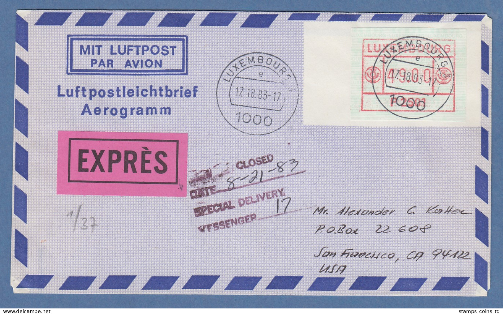 Luxemburg ATM P2501 Wert 49 Auf Aerogramm In Die USA,  O 17.18.83  !!! - Postage Labels