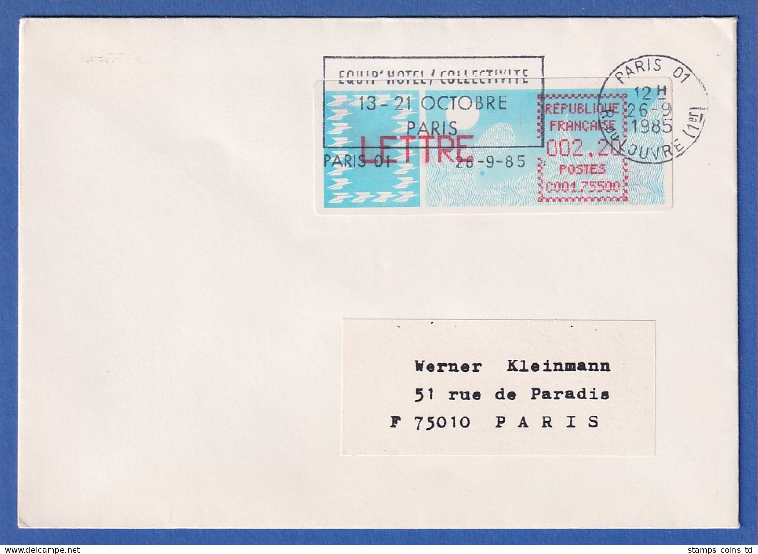 Frankreich-ATM Taube C001.75500 LETTRE 2,20 Auf FDC PARIS 01 26.9.85  SELTEN ! - Autres & Non Classés