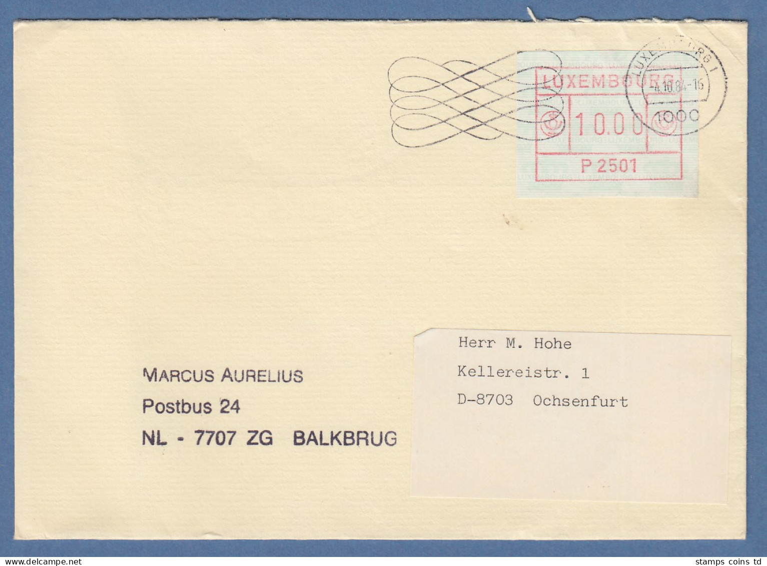 Luxemburg ATM P2501 Wert 10 Auf Brief Nach Ochsenfurt, Masch-O 4.10.84 - Postage Labels