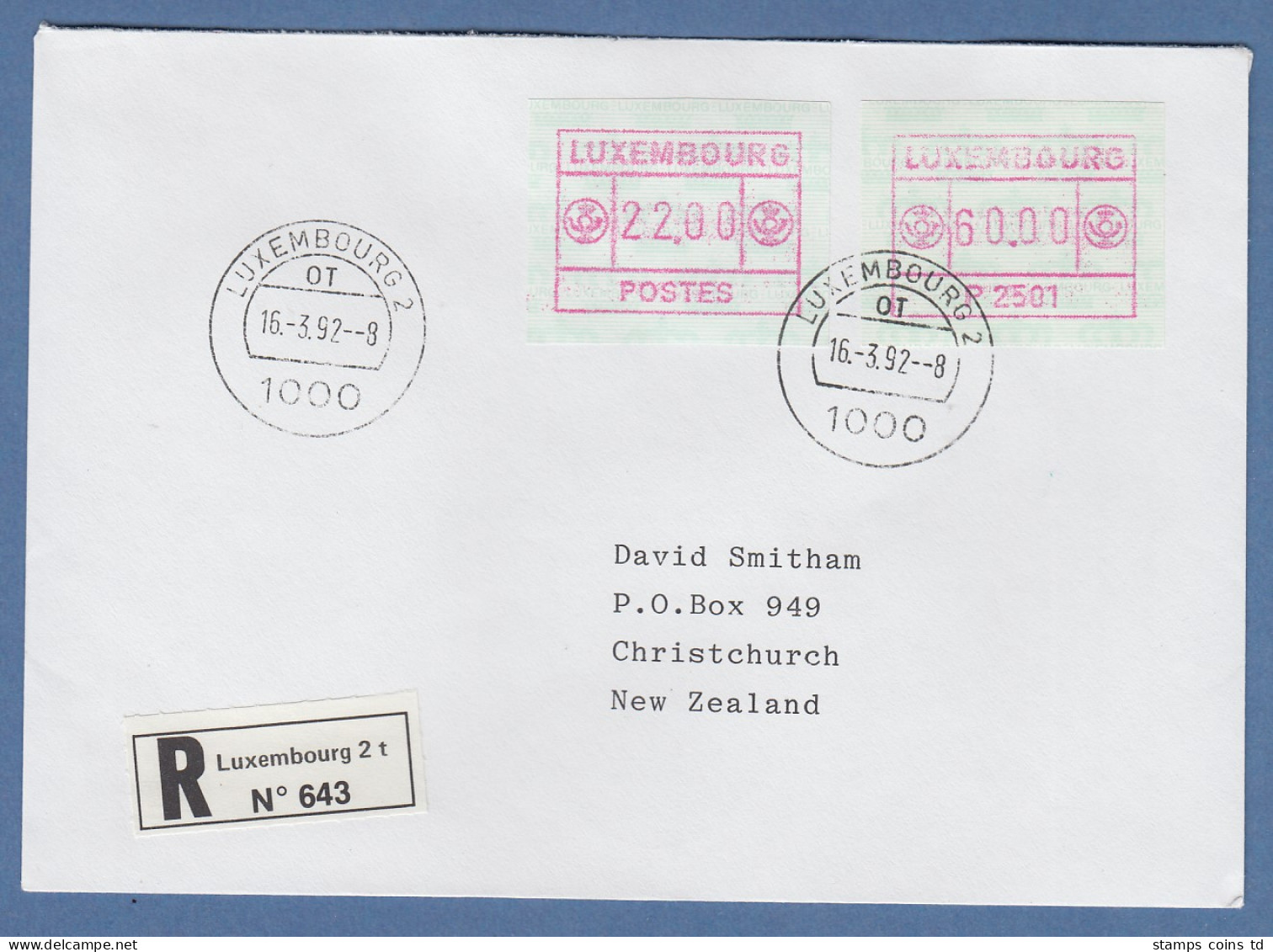 Luxemburg ATM P2501 Werte 22 Und 60 Auf R-Brief Nach Neuseeland, O 16.3.92 - Postage Labels