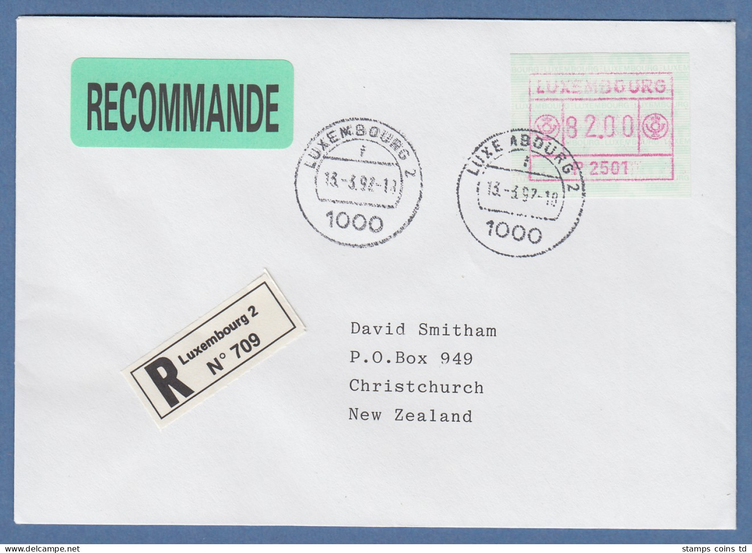 Luxemburg ATM P2501 Wert 82 Auf R-Brief Nach Neuseeland, O 13.3.92 - Automatenmarken