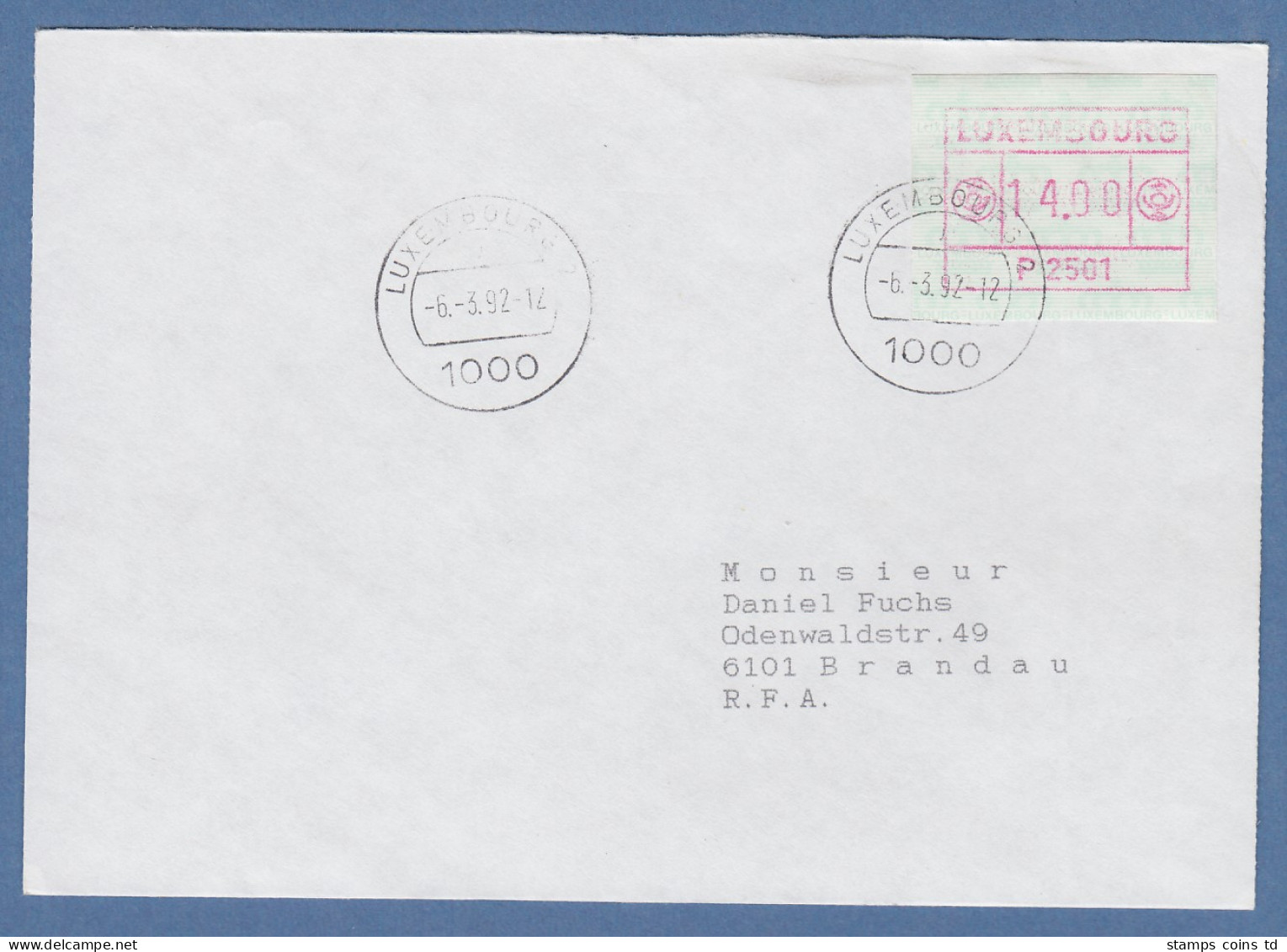 Luxemburg ATM P2501 Wert 14 Auf Brief Nach D, O 6.3.92 - Frankeervignetten