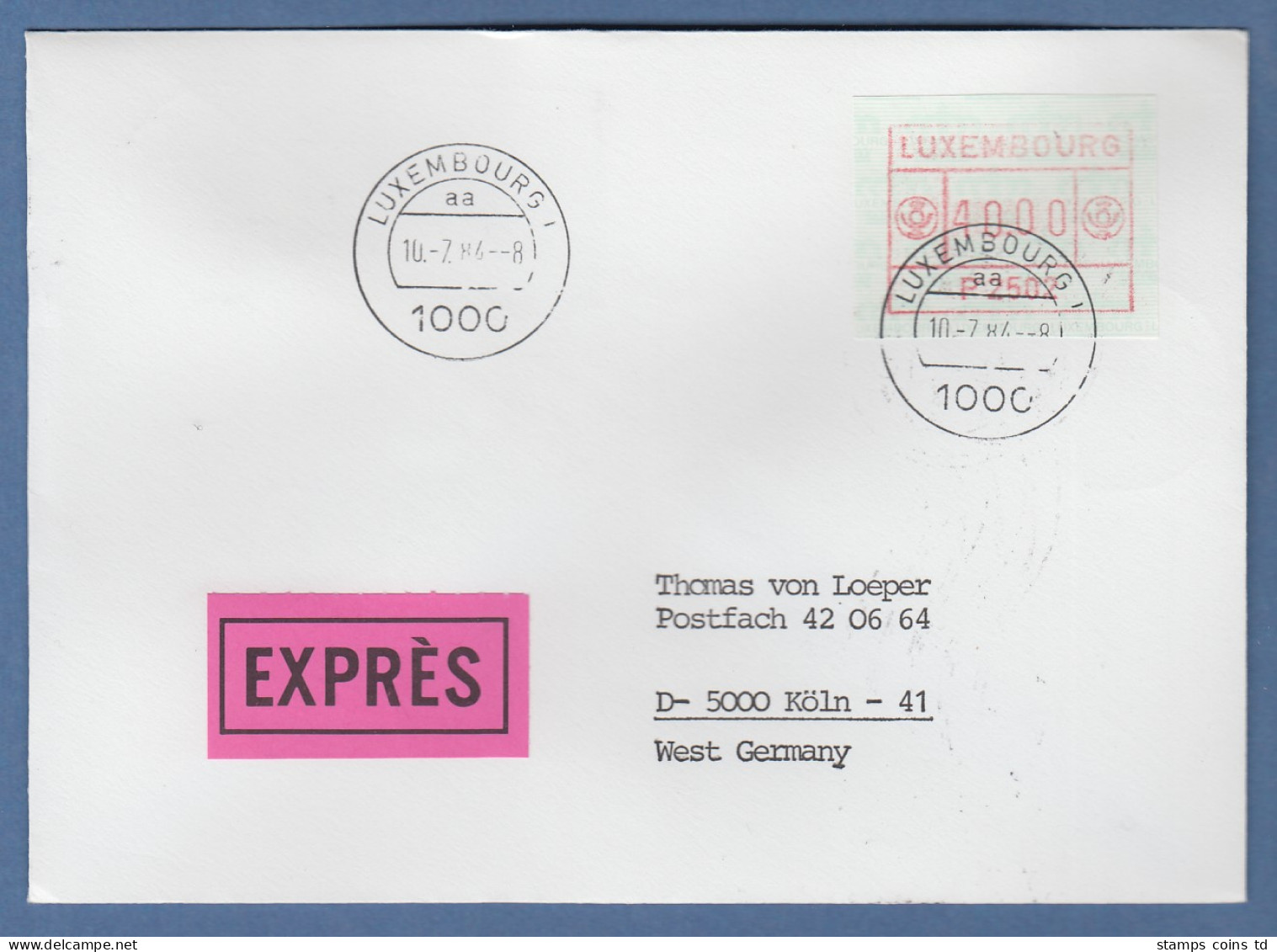 Luxemburg ATM P2502 Wert 40 Auf Express-FDC Nach Köln, 10.7.84 - Postage Labels