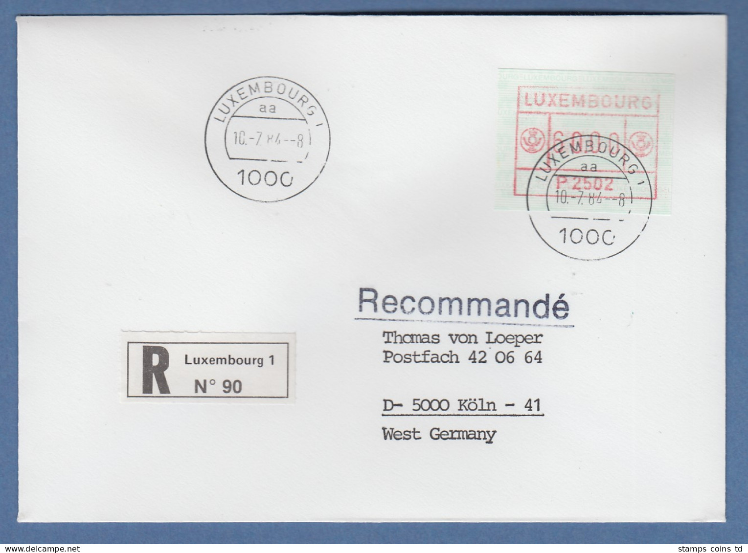Luxemburg ATM P2502 Wert 60 Auf R-FDC Nach Köln, 10.7.84 - Frankeervignetten