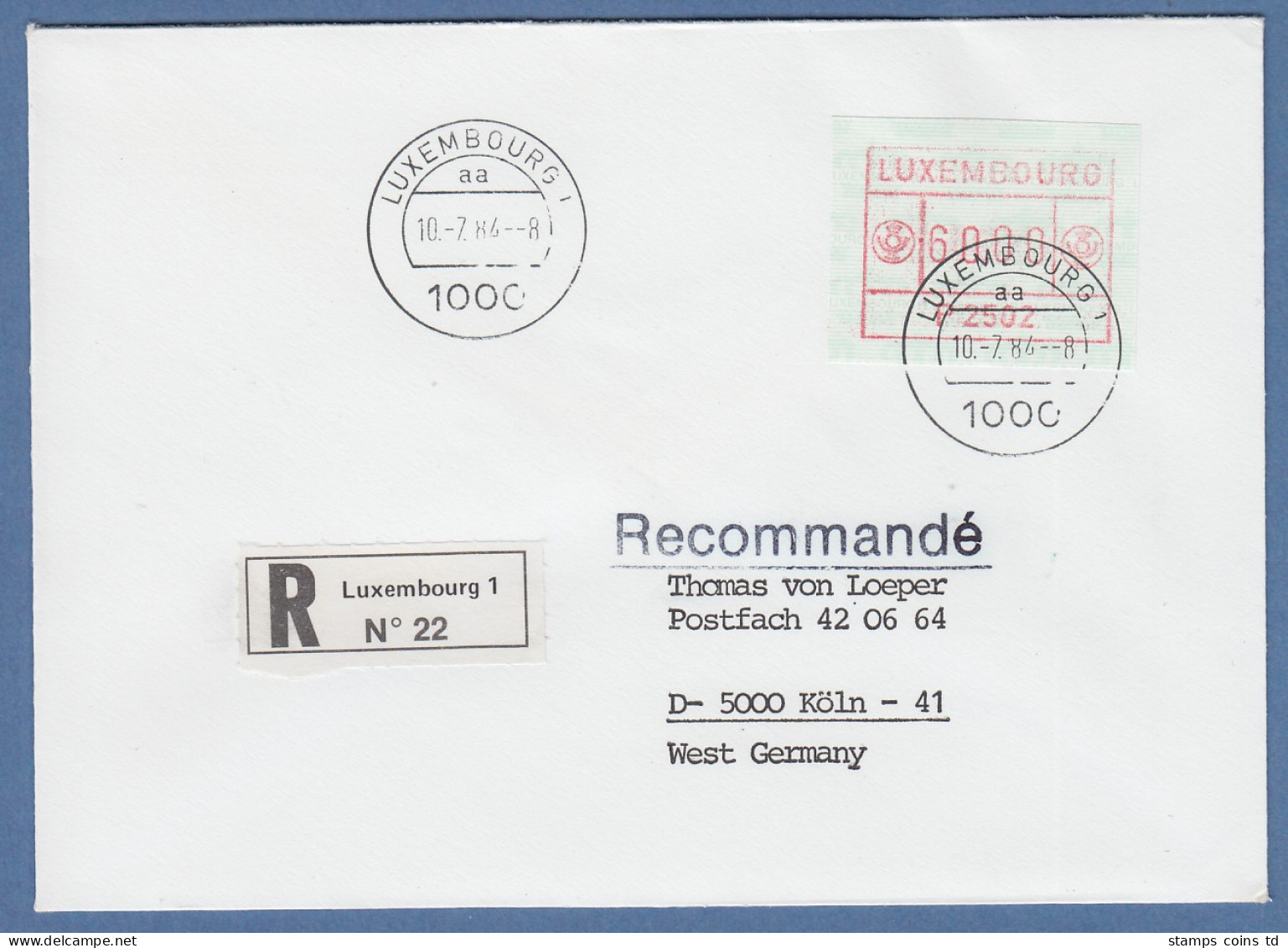 Luxemburg ATM P2502 Wert 60 Auf R-FDC Nach D 10.7.84 - Frankeervignetten