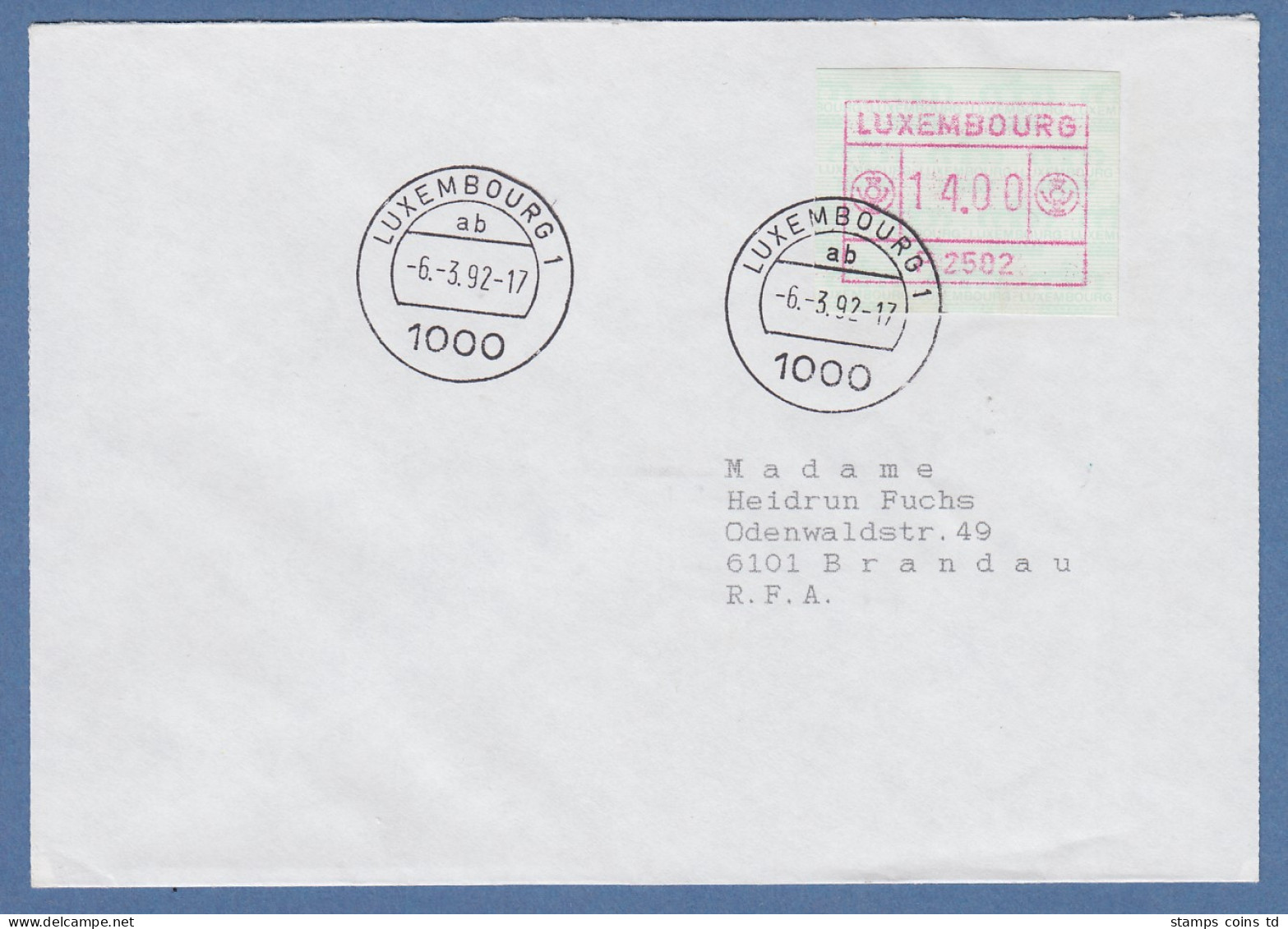 Luxemburg ATM P2502 Wert 14 Auf Brief Nach Brandau O 6.3.92 - Postage Labels