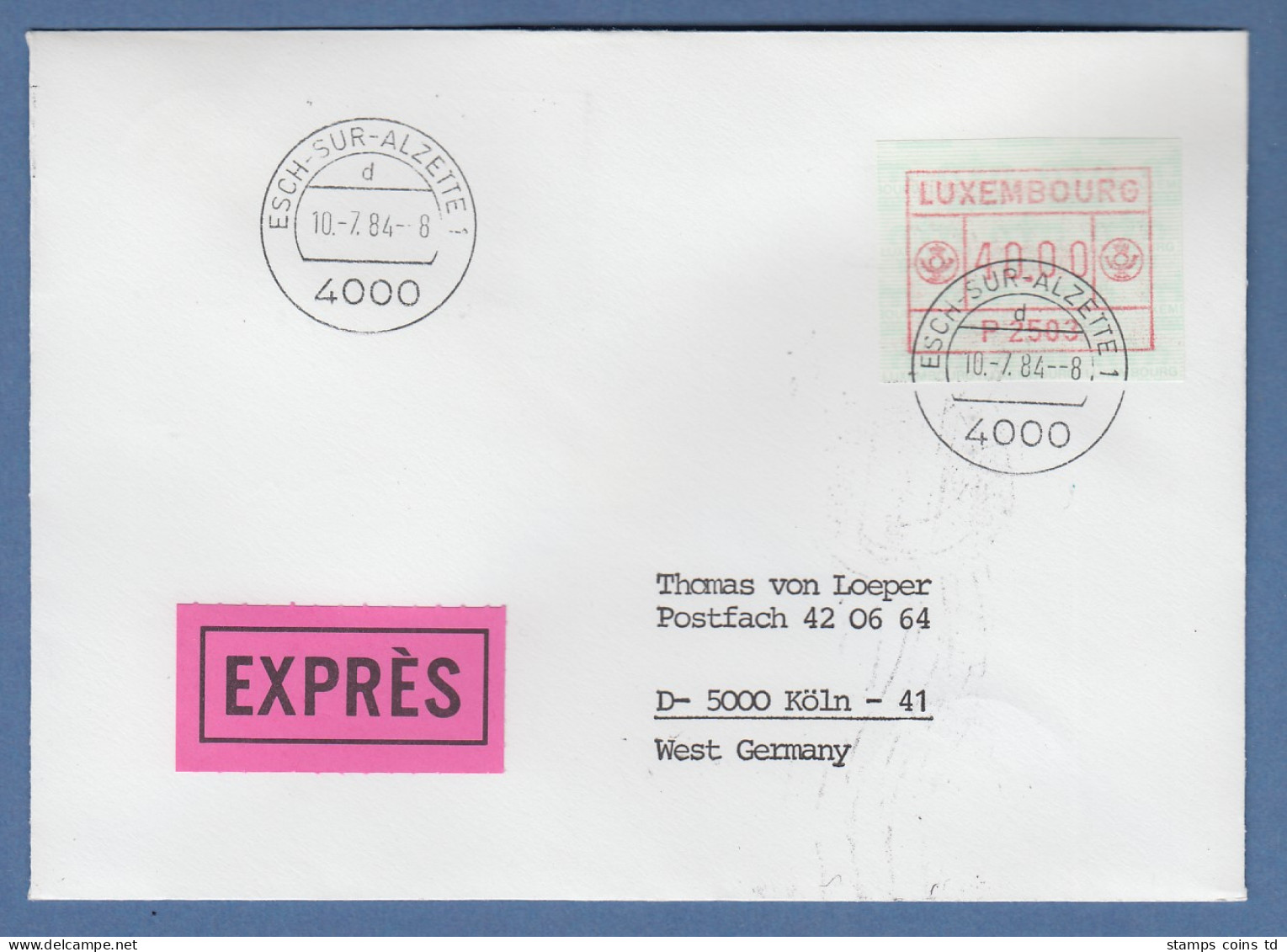 Luxemburg ATM P2503 Hoher Wert 40,00 Auf Exprès-FDC Nach Köln, 10.7.84 - Postage Labels