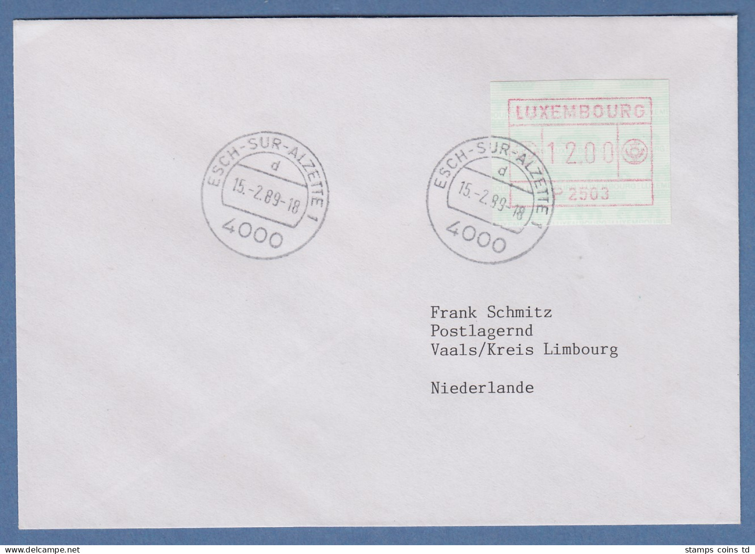 Luxemburg ATM P2503 Wert 12,00 Auf Brief In Die Niederlande, 15.2.89 - Frankeervignetten