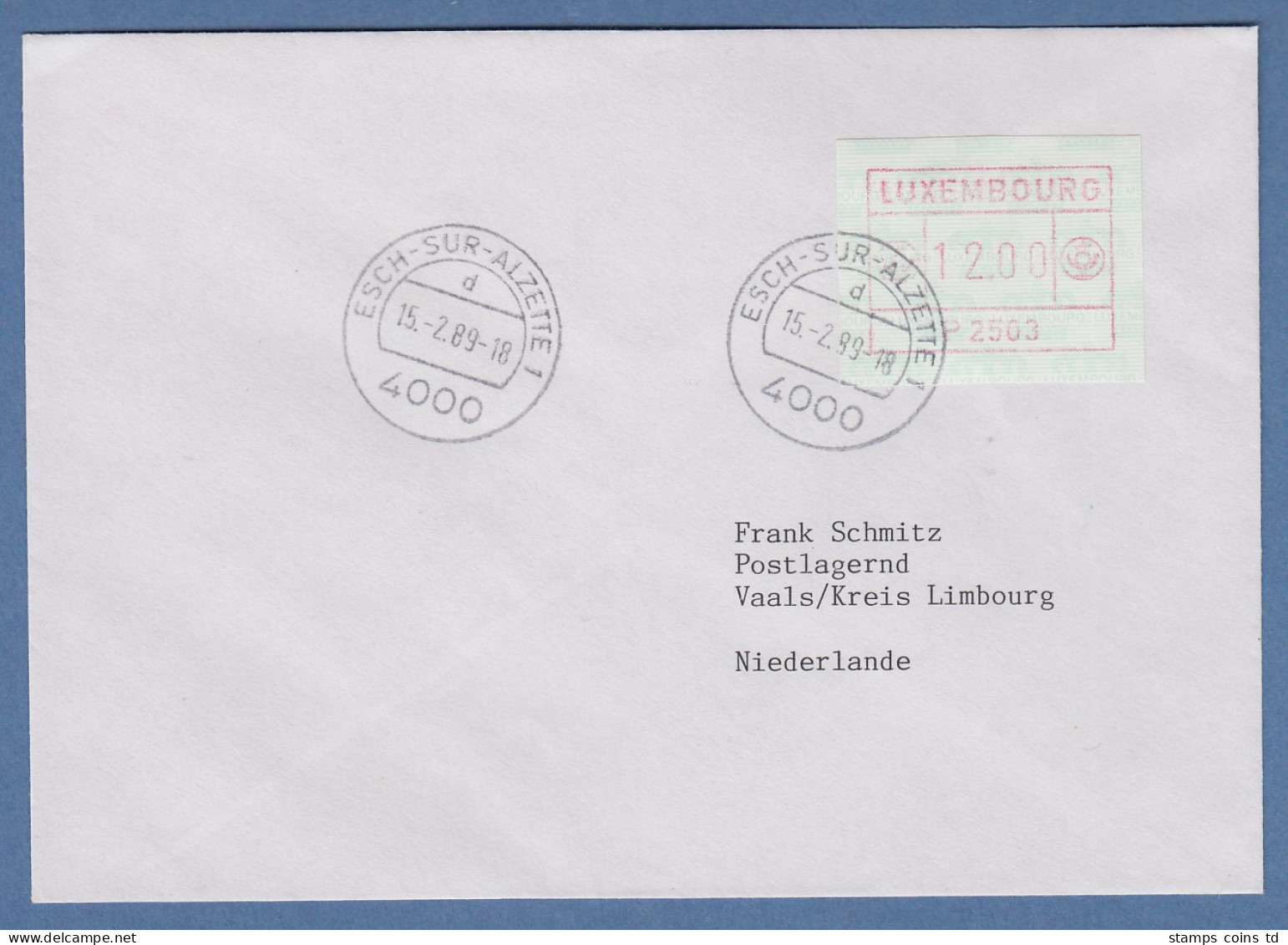 Luxemburg ATM P2503 Wert 12,00 Auf Brief In Die Niederlande, 15.2.89 - Postage Labels