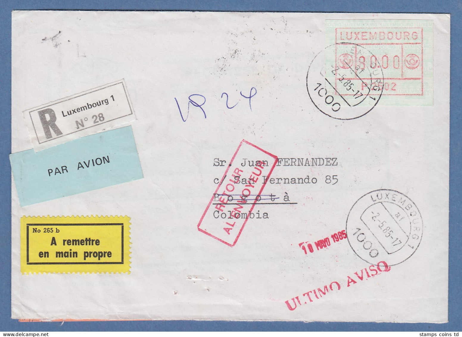 Luxemburg ATM P2502 Wert 80 Auf R-Eigenhändig-Brief N. Kolumbien, 2.5.85, Retour - Automatenmarken