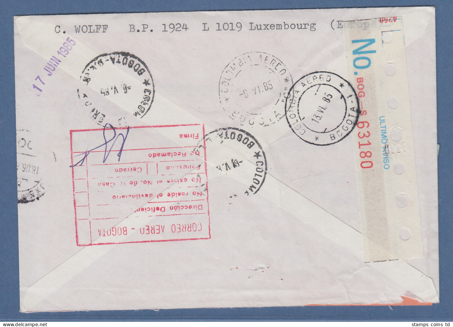 Luxemburg ATM P2502 Wert 80 Auf R-Eigenhändig-Brief N. Kolumbien, 2.5.85, Retour - Postage Labels