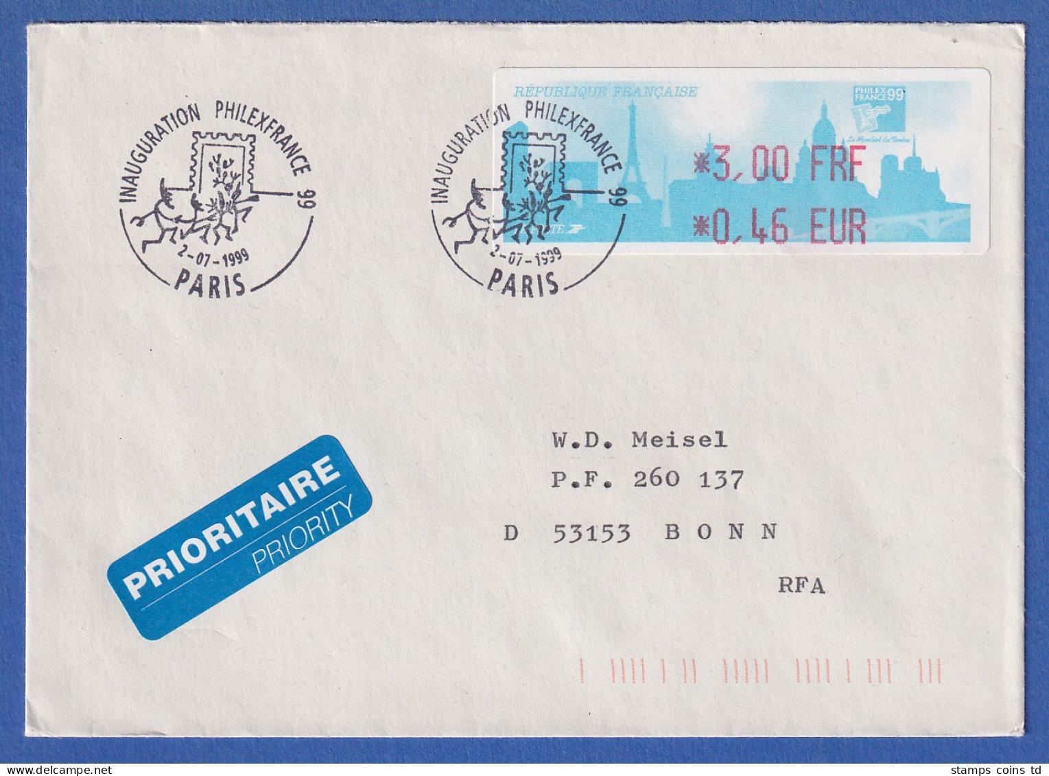 Frankreich ATM PHILEXFRANCE`99 3,00 FRF / 0,46 EUR Auf Gel. FDC Nach Bonn - Andere & Zonder Classificatie