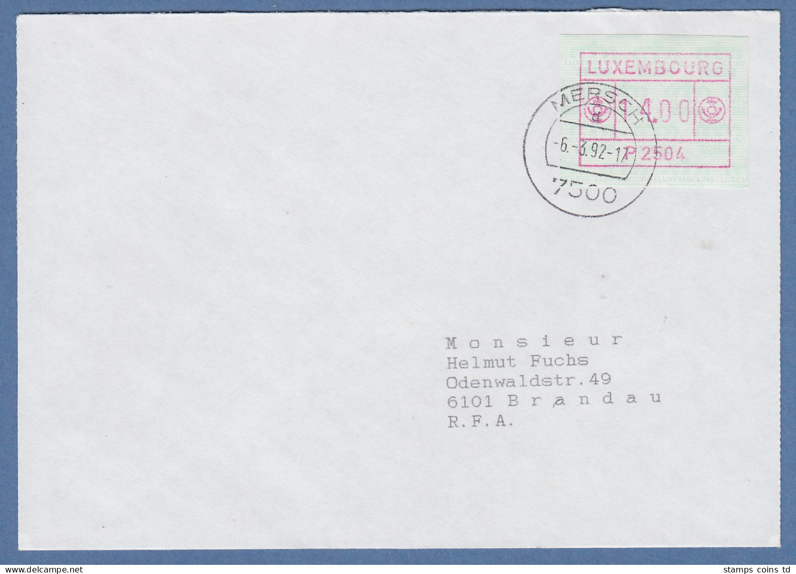 Luxemburg ATM P2504 Wert 14.00 Auf Brief Nach Brandau, O MERSCH 6.3.92 - Postage Labels