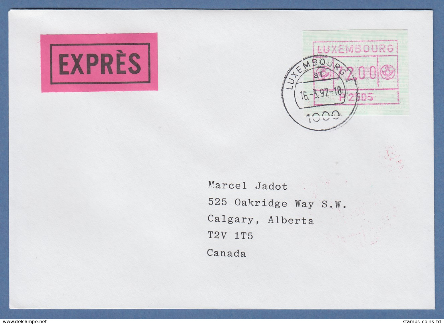 Luxemburg ATM P2505 Wert 72.00 Auf Express-Brief Nach Kanada Letzttags-O 16.3.92 - Automatenmarken