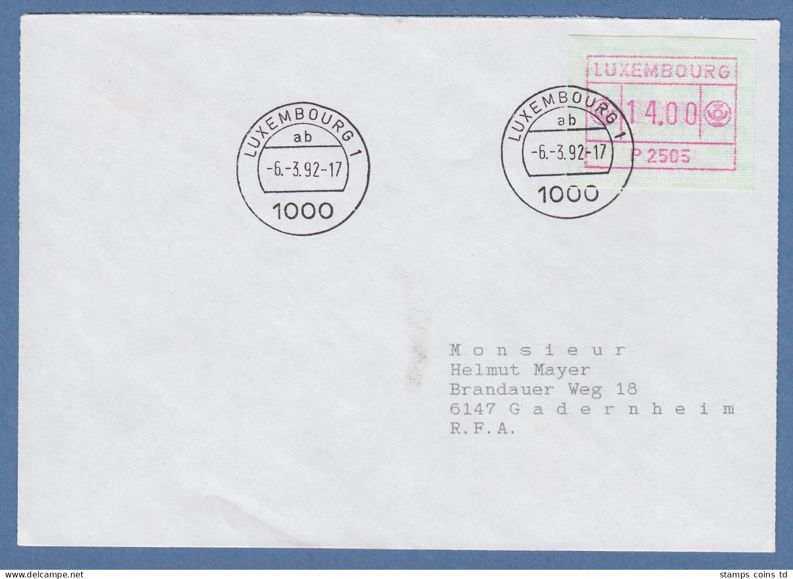 Luxemburg ATM P2505 Wert 14.00 Auf Brief Nach Deutschland, Tages-O 6.3.92 - Postage Labels