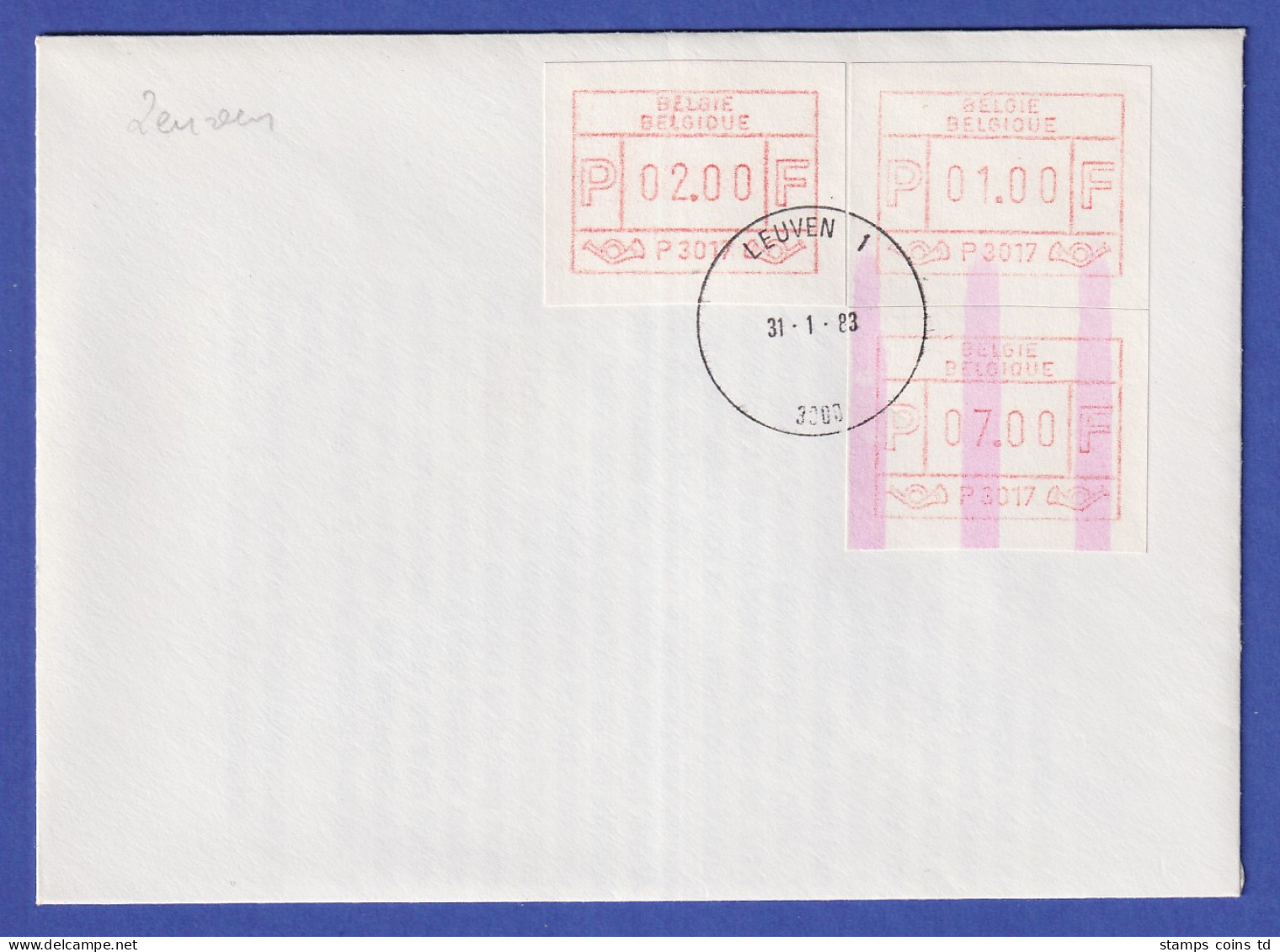 Belgien FRAMA-ATM P3017 ENDSTREIFEN-Ende über 2 ATM Auf FDC LEUVEN 1  31.1.83 - Otros & Sin Clasificación