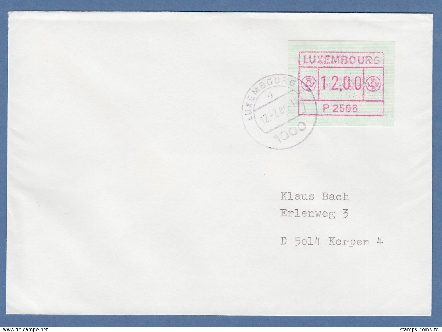 Luxemburg ATM P2506 Wert 12.00 Auf Brief Nach Kerpen, O 12.7.89 - Postage Labels