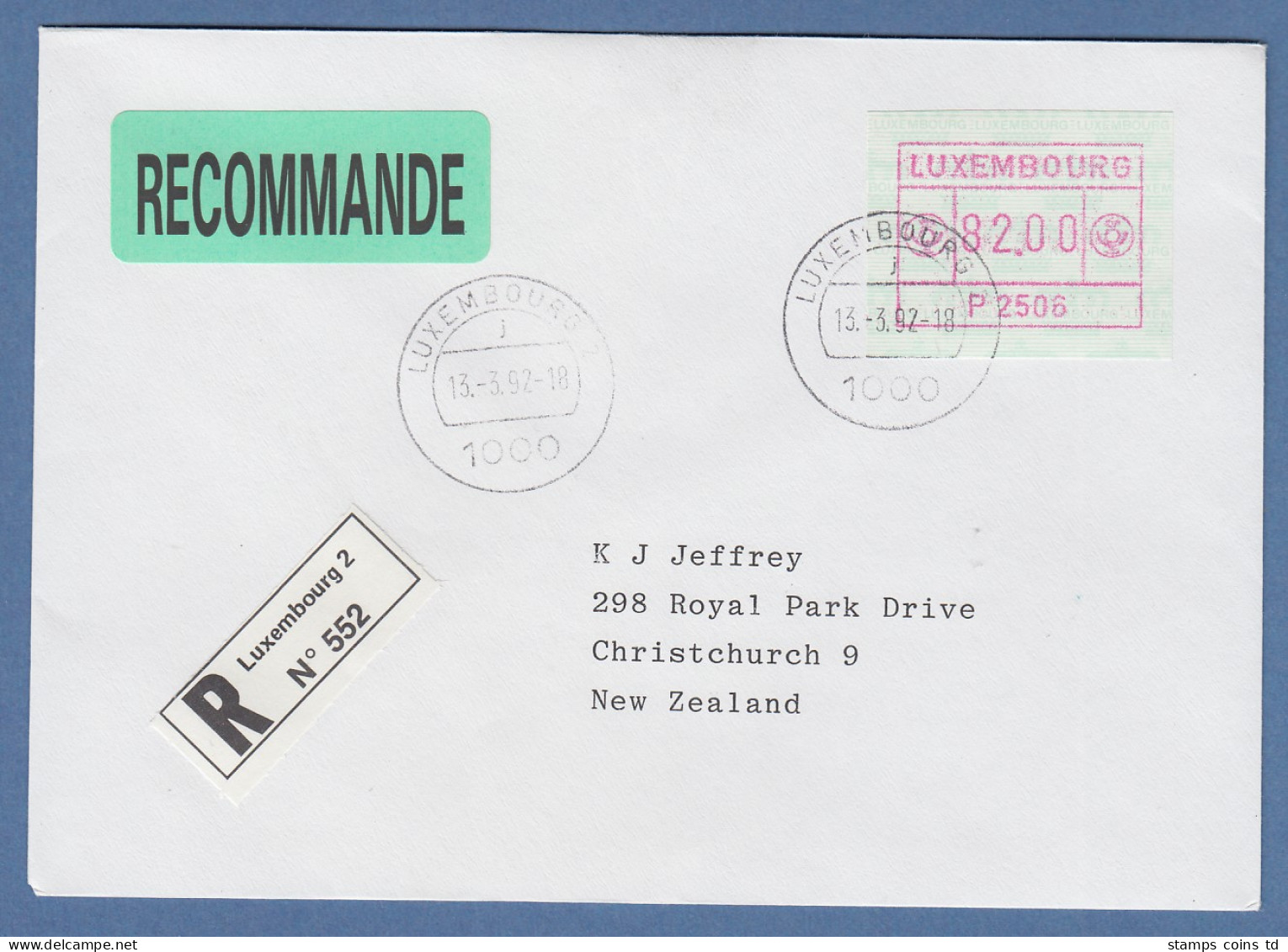 Luxemburg ATM P2506 Wert 82.00 Auf R-Brief Nach Neuseeland, O 13.3.92 - Viñetas De Franqueo