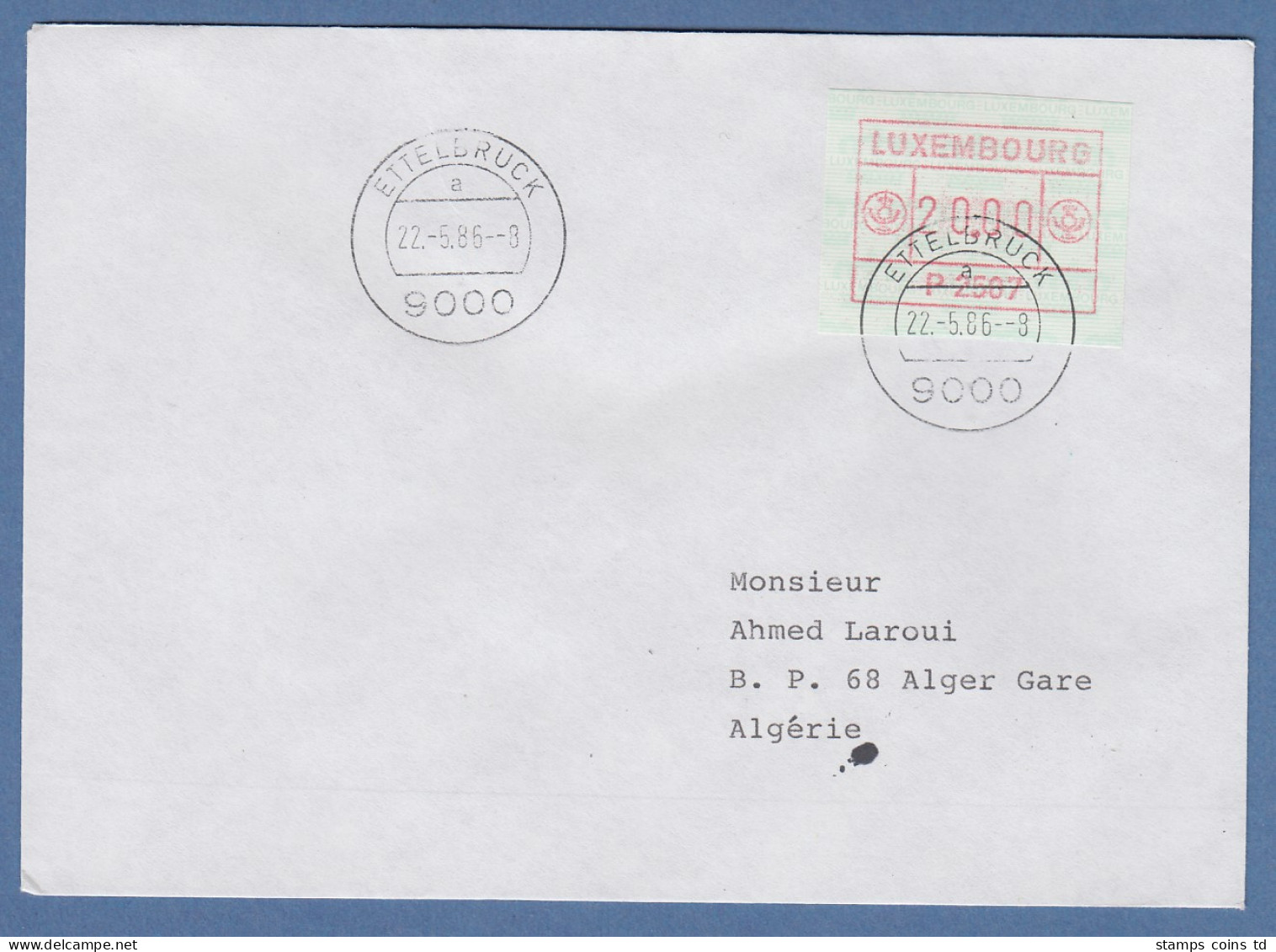 Luxemburg ATM P2507 Wert 20.00 Auf Brief Nach Algerien. FDC 22.5.86 - Frankeervignetten