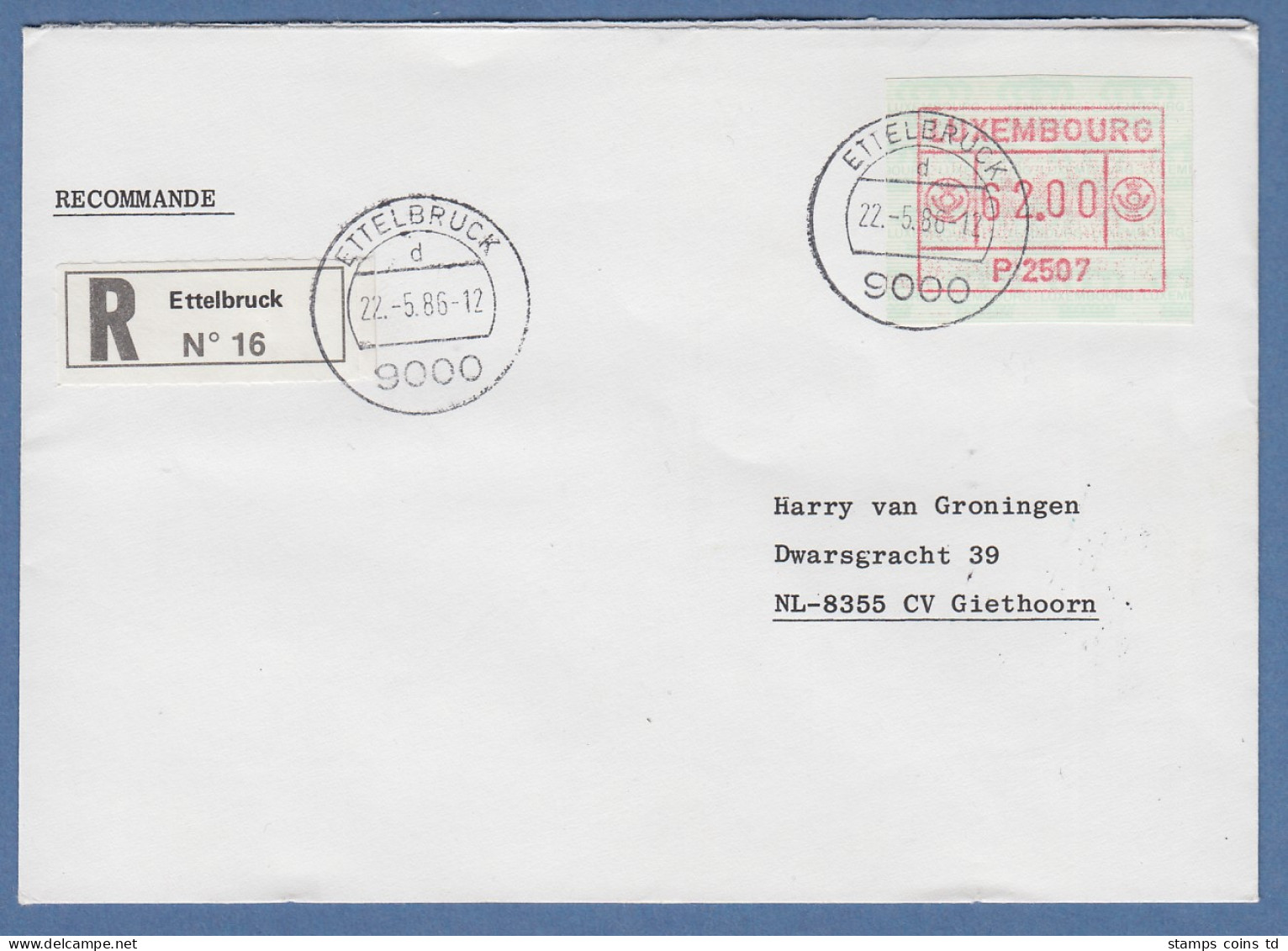 Luxemburg ATM P2507 Wert 62.00 Auf R-Brief Nach NL. FDC 22.5.86 - Postage Labels