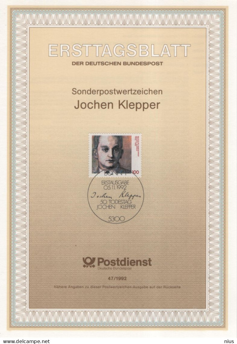 Germany Deutschland 1992-47 Jochen Klepper, German Writer, Poet And Journalist, Canceled In Bonn - 1991-2000