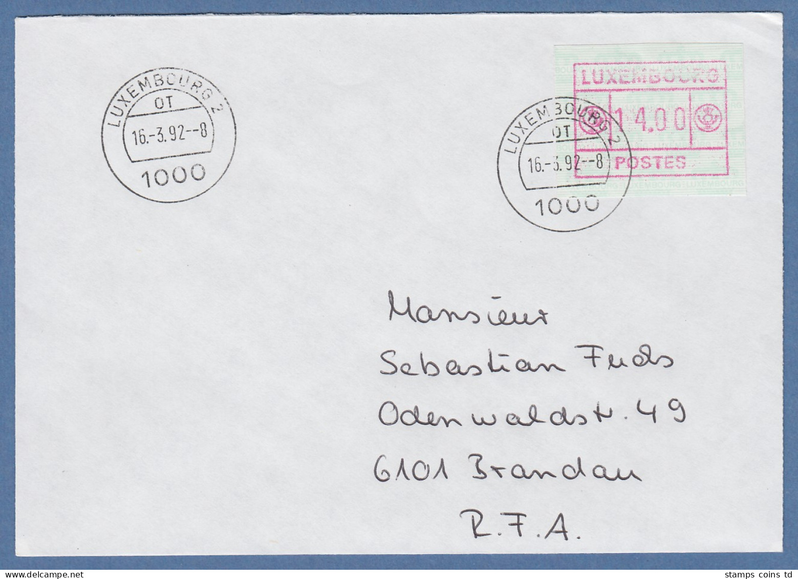 Luxemburg ATM Kleines POSTES Mi.-Nr. 2 Wert 14.00 Auf FDC Nach Brandau 16.3.92 - Frankeervignetten