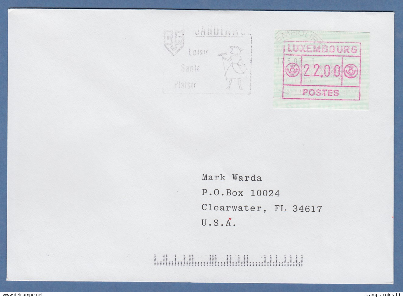 Luxemburg ATM Kleines POSTES Mi.-Nr. 2 Wert 22.00 A. Brief In Die USA, O 17.3.92 - Postage Labels