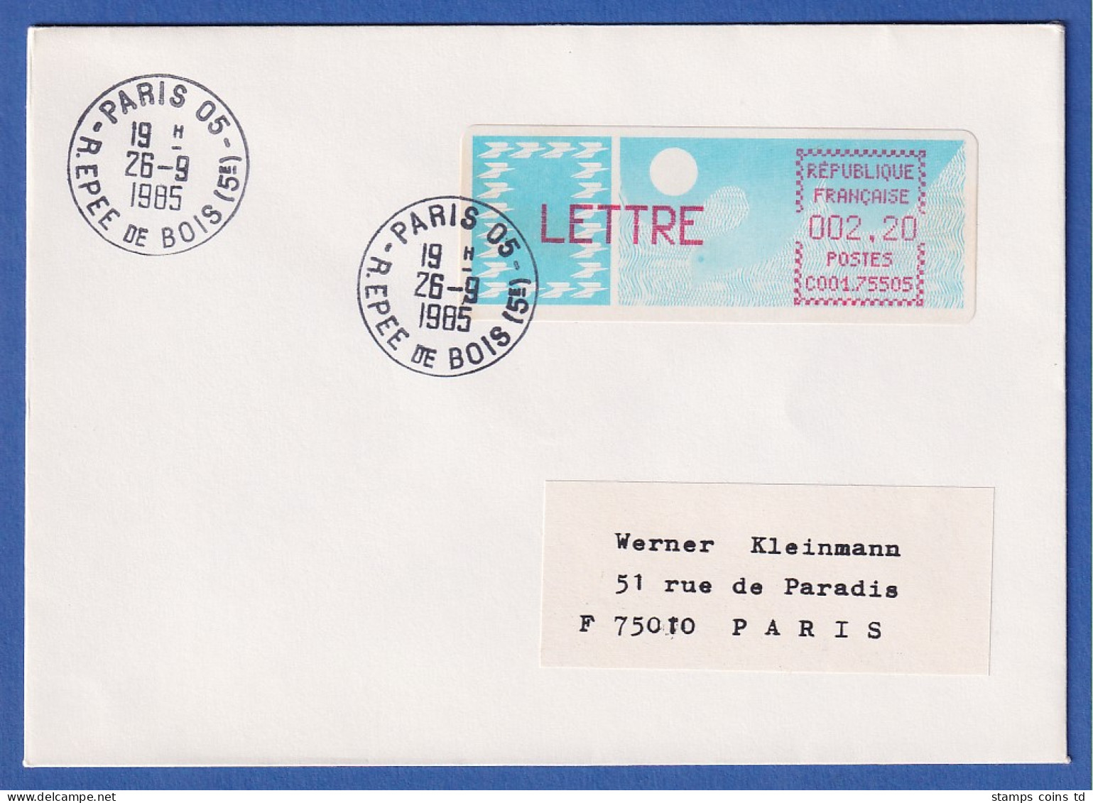 Frankreich-ATM Taube C001.75505 LETTRE 2,20 Auf FDC Mit Tages-O PARIS 05 26.9.85 - Altri & Non Classificati