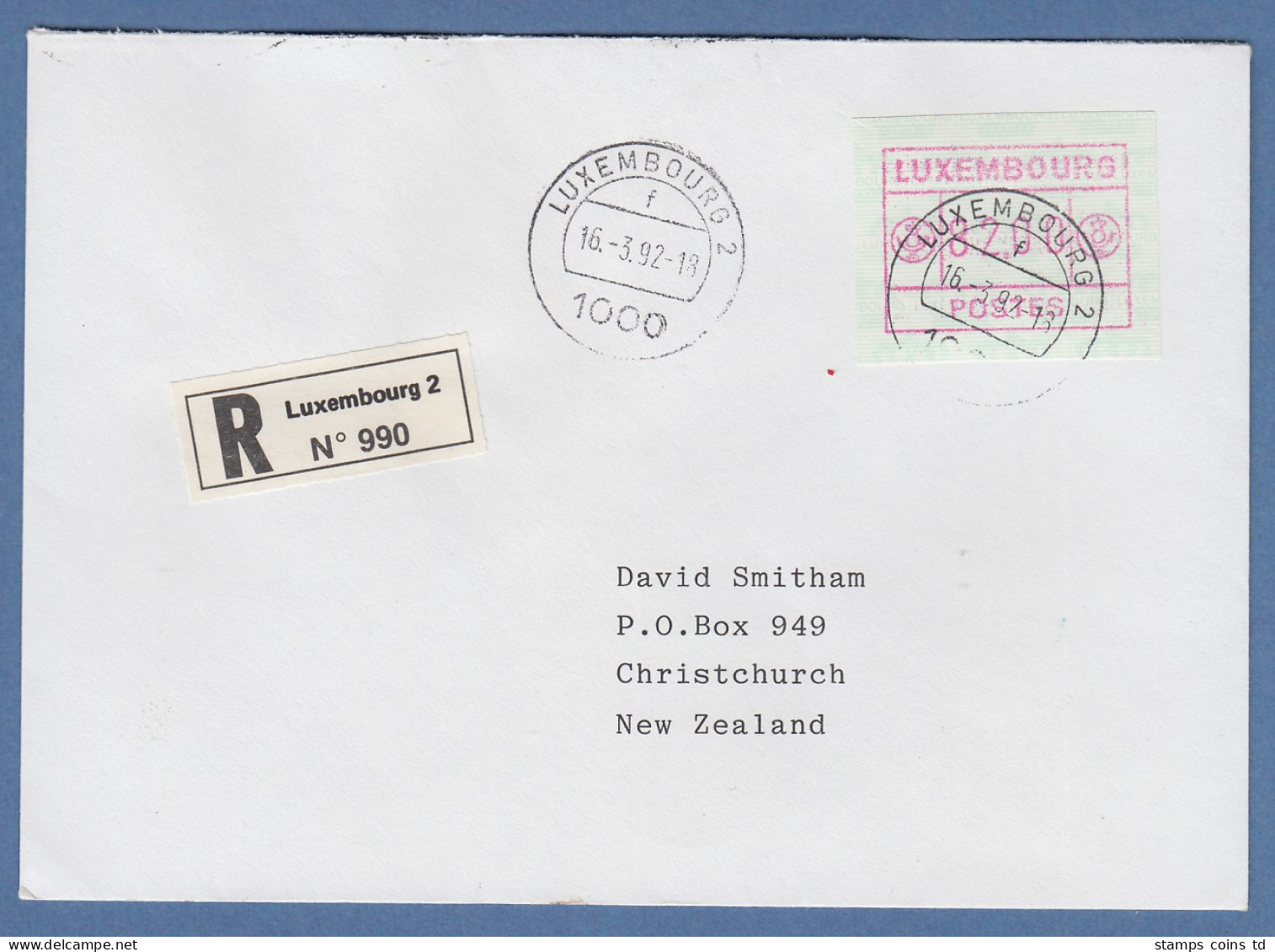 Luxemburg ATM Kl. POSTES Mi.-Nr. 2 Wert 82.00 Auf R-FDC Nach Neuseeland - Postage Labels