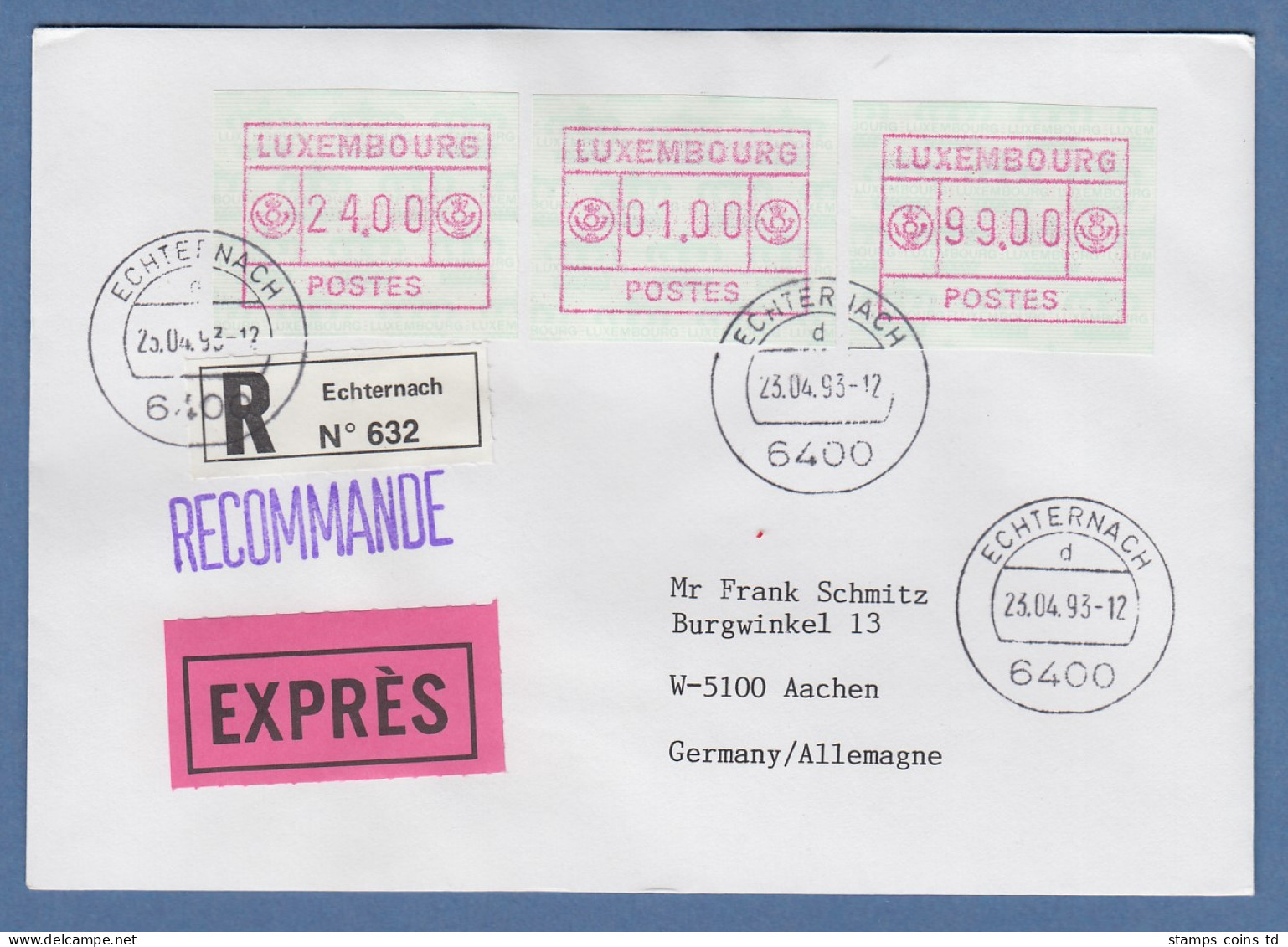 Luxemburg ATM Kl. POSTES Mi.-Nr. 2 Wert 24.00 - 01.00 - 99.00 Auf R-Expressbrief - Postage Labels